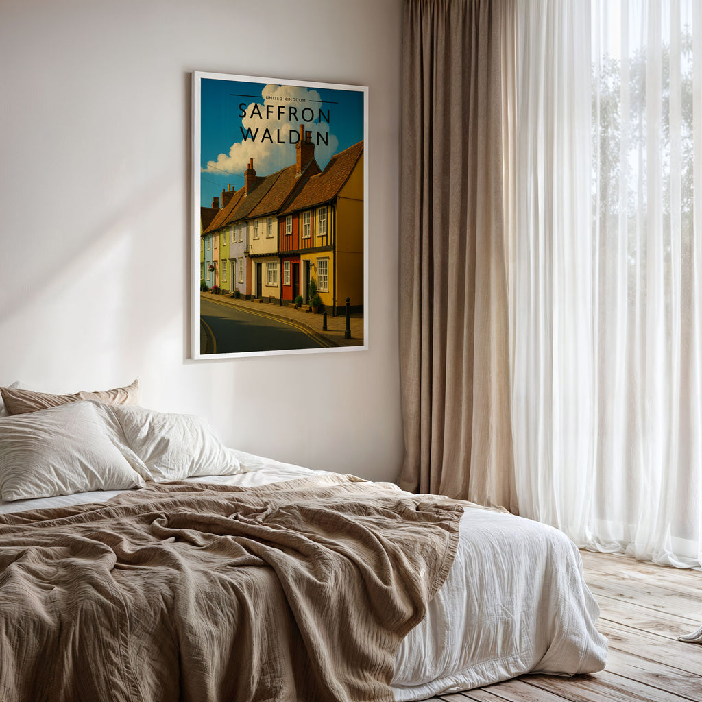 Saffron Walden #2 Travel Poster framed on a bedroom wall