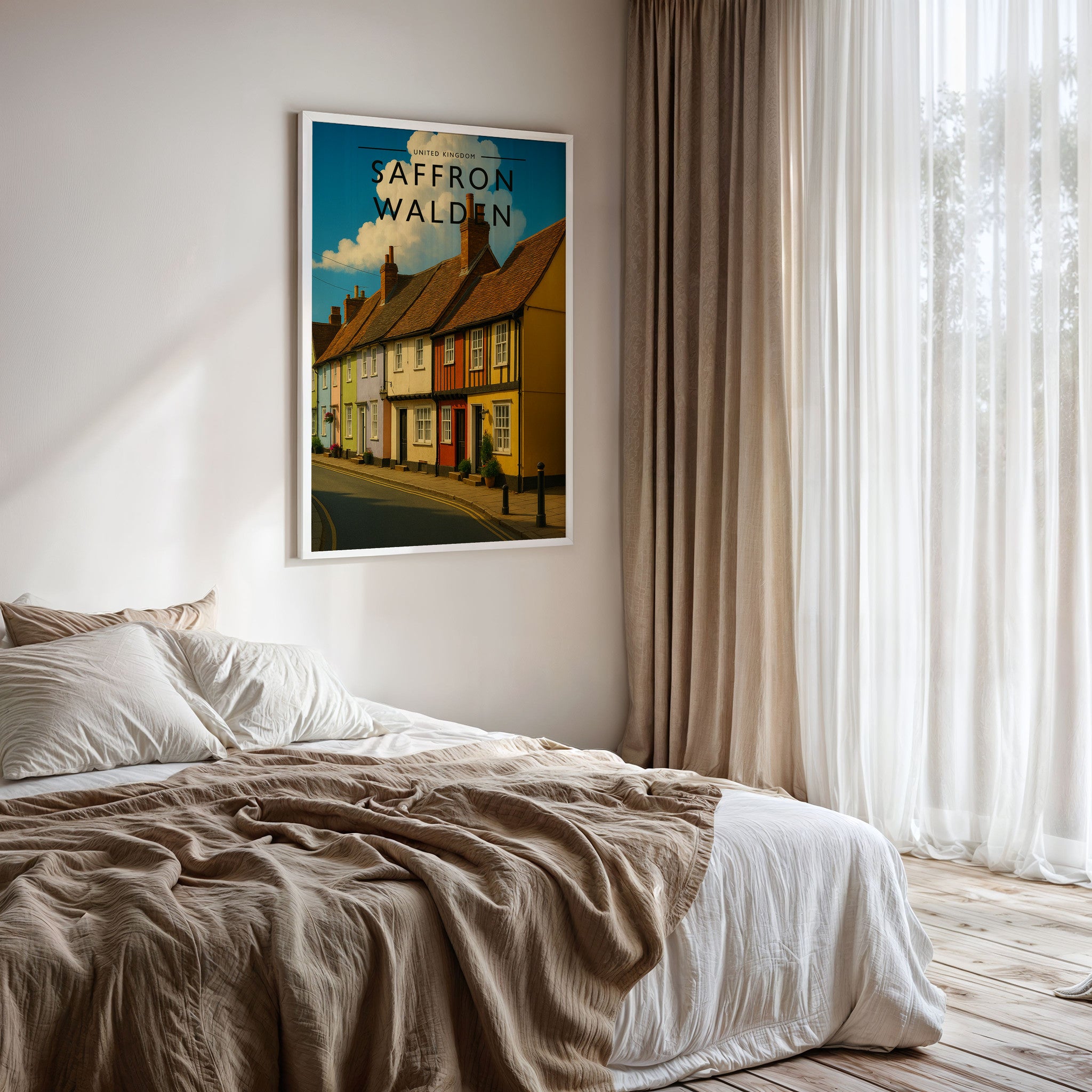 Saffron Walden #2 Travel Poster framed on a bedroom wall