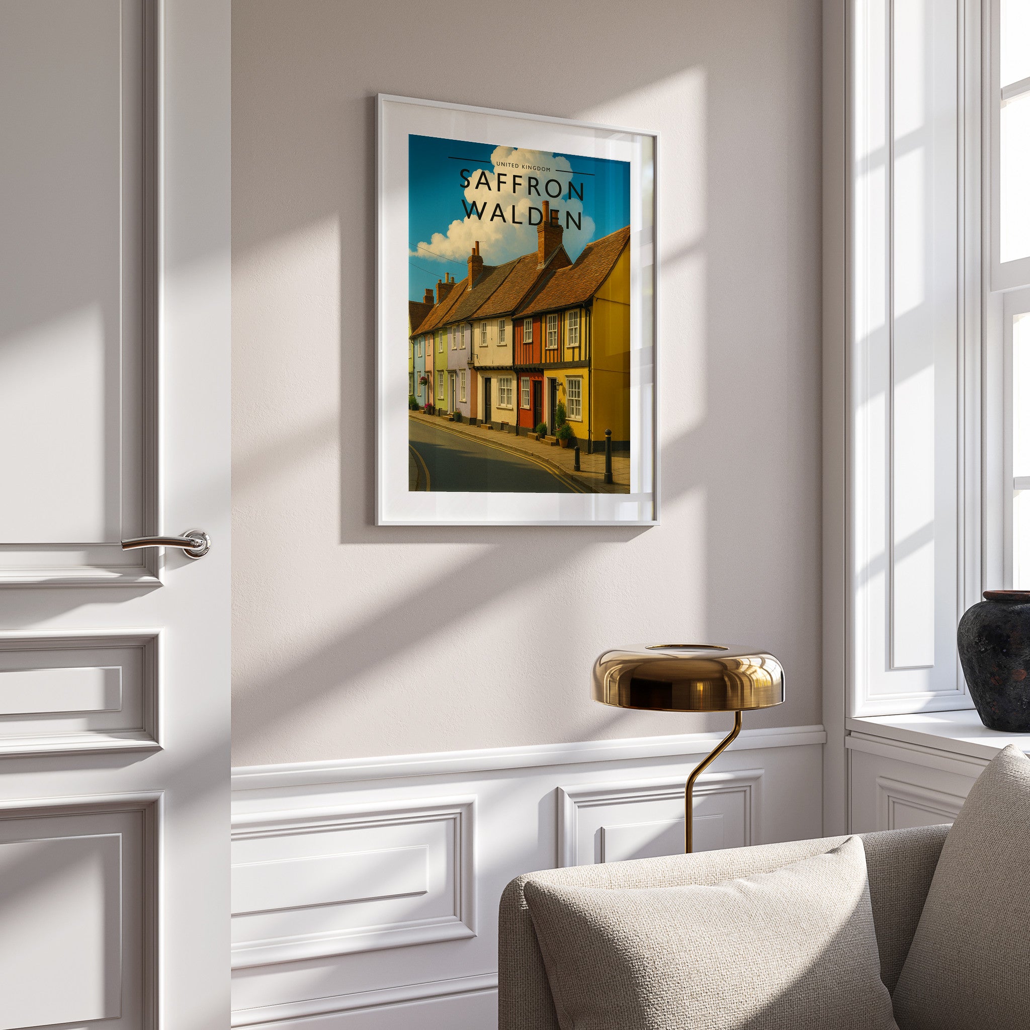 Saffron Walden #2 Travel Poster in a white frame on a panelled wall