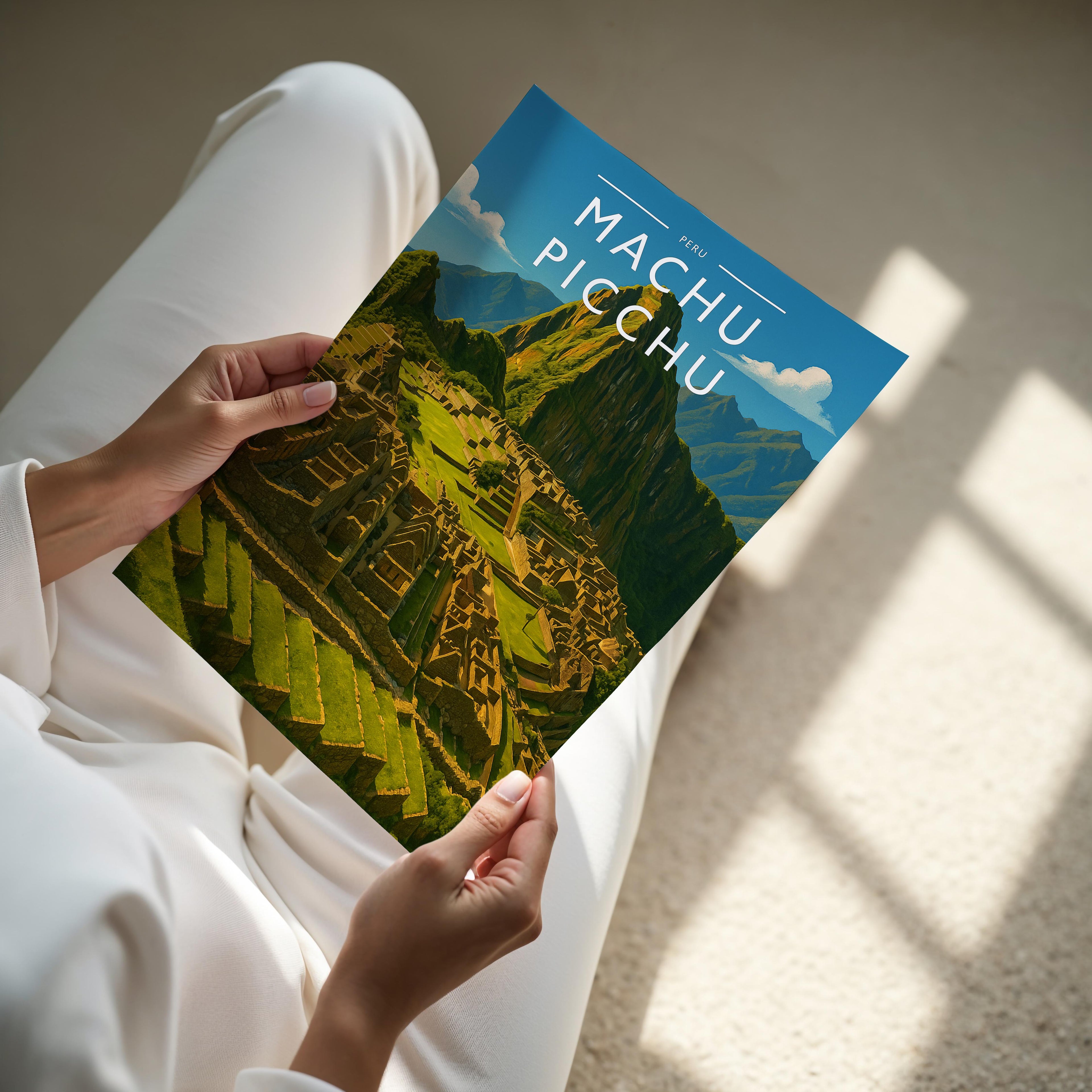 Machu Picchu Travel Poster - A4 print held in hand