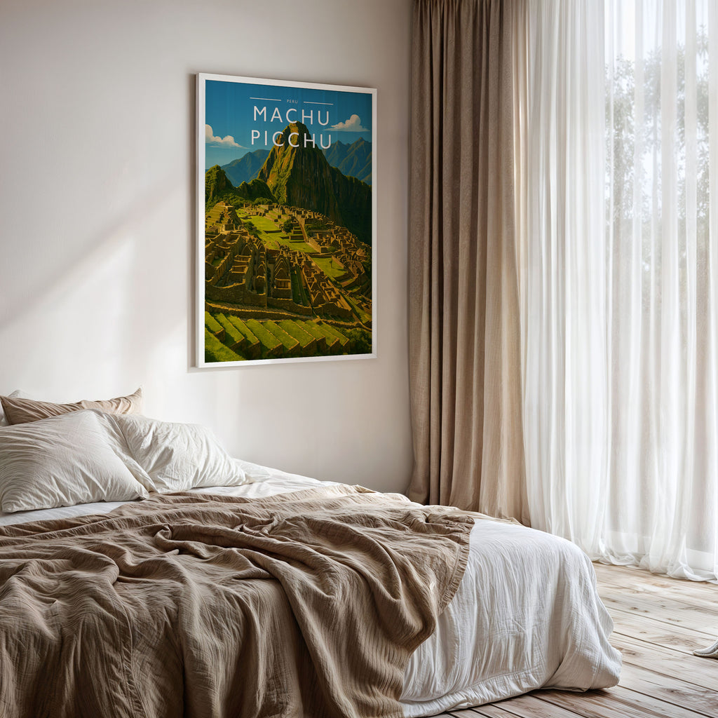 Machu Picchu Travel Poster framed on a bedroom wall