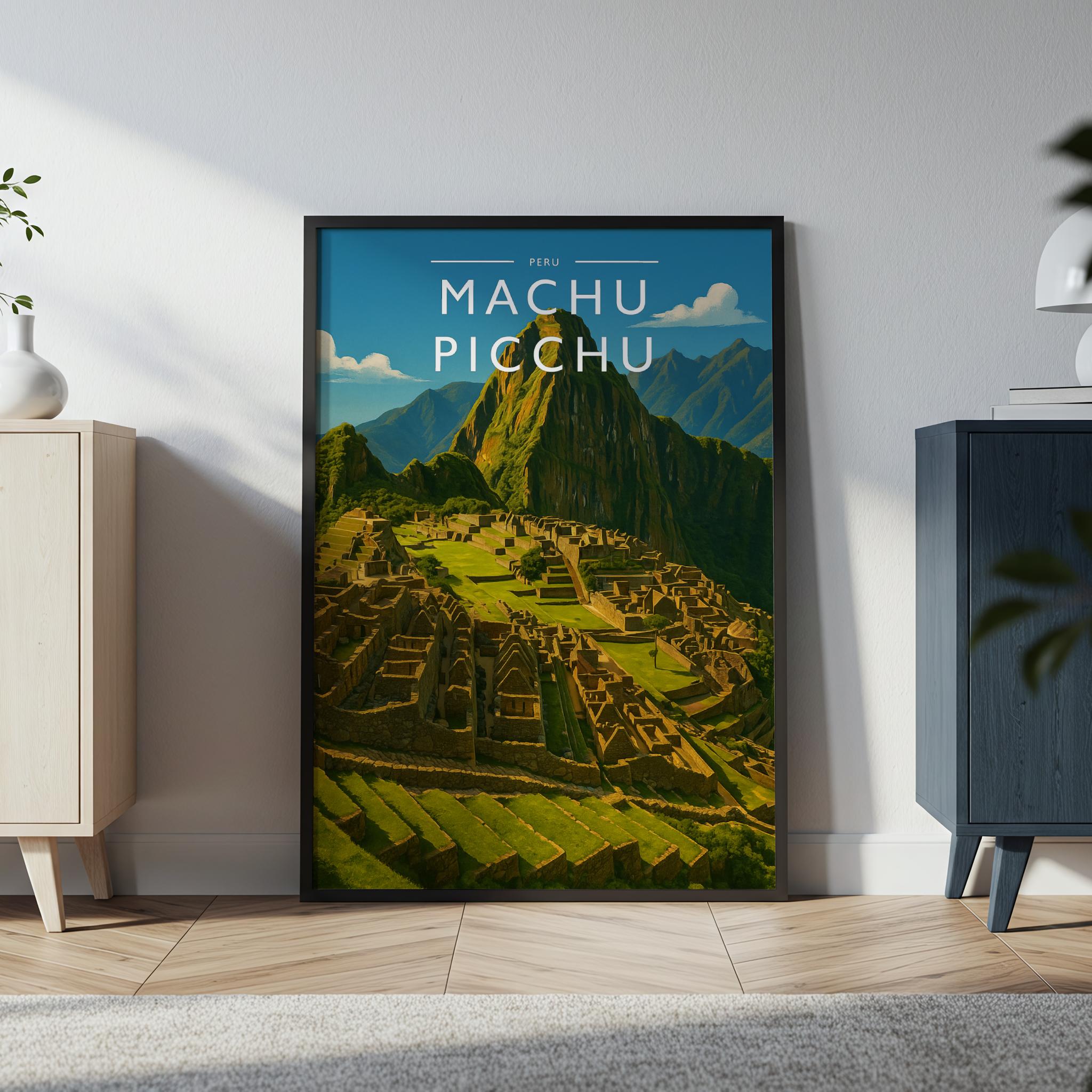 Machu Picchu Travel Poster in a black frame