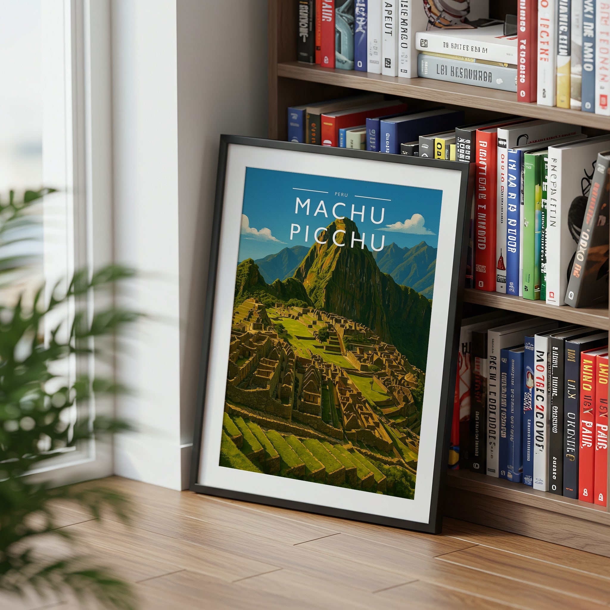Machu Picchu Travel Poster mounted in a black frame