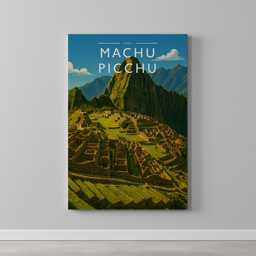 Machu Picchu Travel Poster as a gallery-wrapped canvas on a plain wall