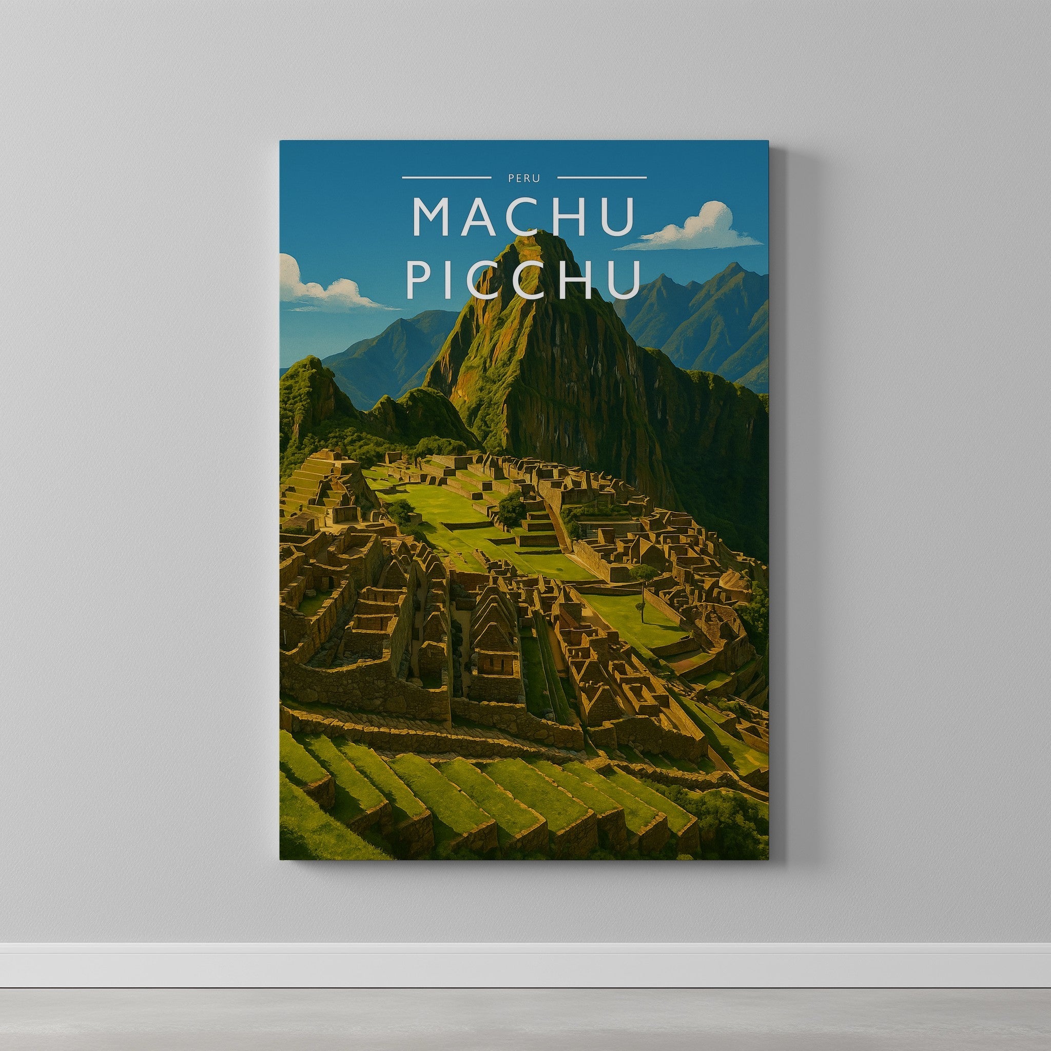 Machu Picchu Travel Poster as a gallery-wrapped canvas on a plain wall