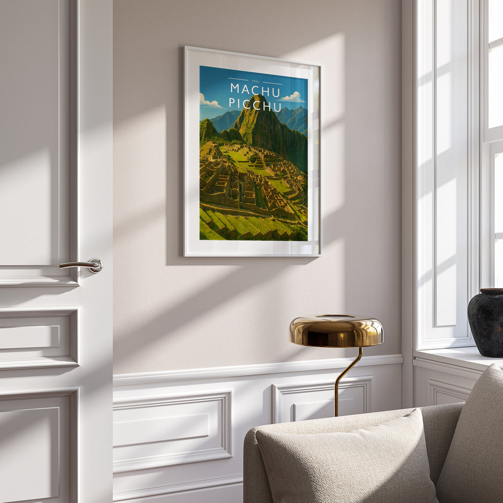 Machu Picchu Travel Poster in a white frame on a panelled wall