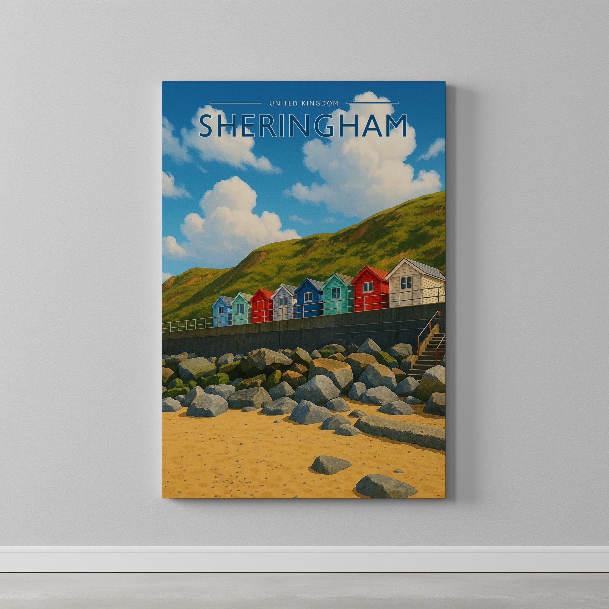Sheringham Travel Poster as a gallery-wrapped canvas on a plain wall