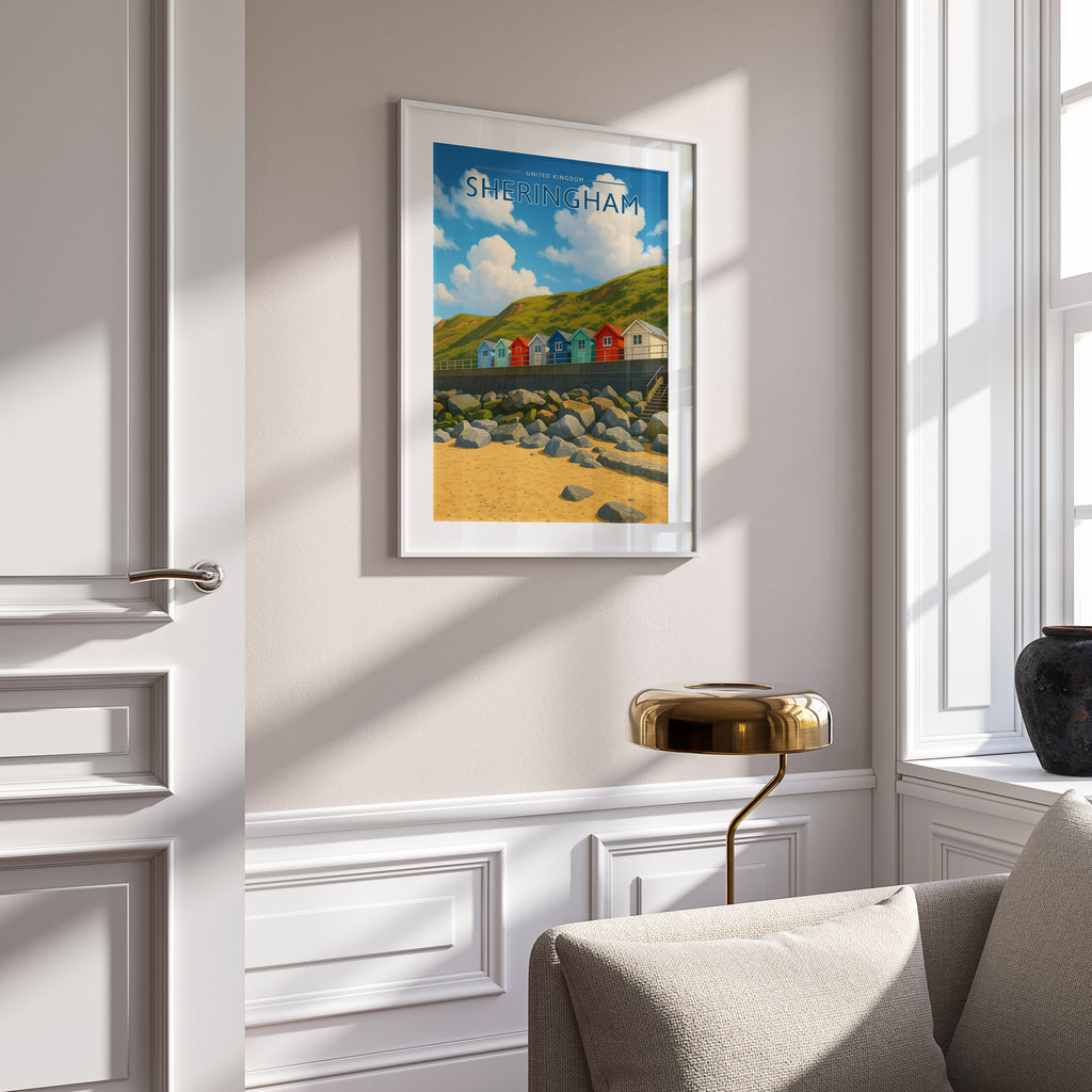 Sheringham Travel Poster in a white frame on a panelled wall