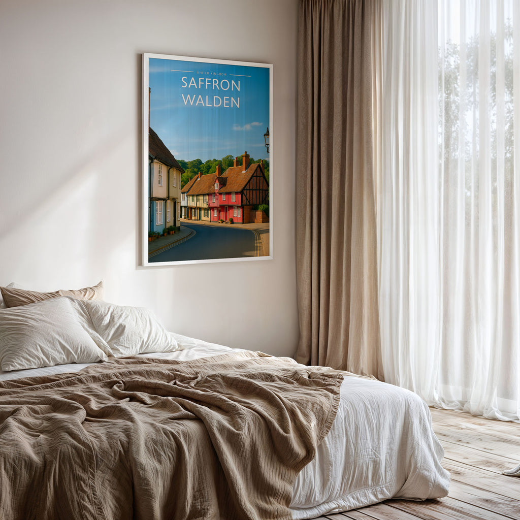 Saffron Walden #3 Travel Poster framed on a bedroom wall