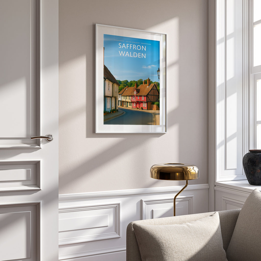 Saffron Walden #3 Travel Poster in a white frame on a panelled wall