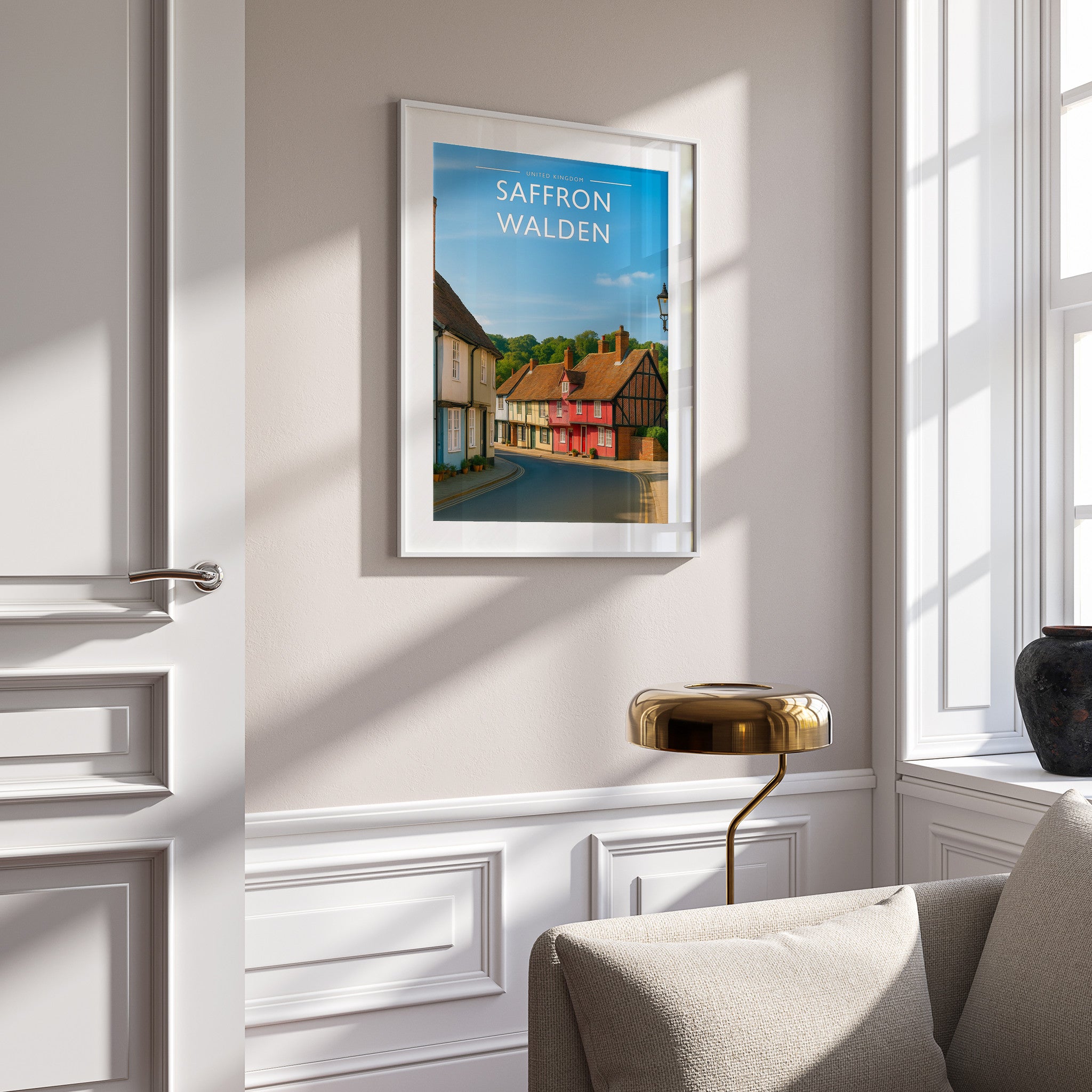Saffron Walden #3 Travel Poster in a white frame on a panelled wall