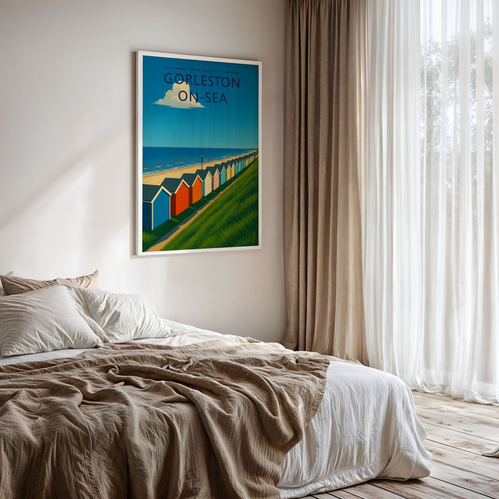 Gorleston-on-Sea Travel Poster framed on a bedroom wall