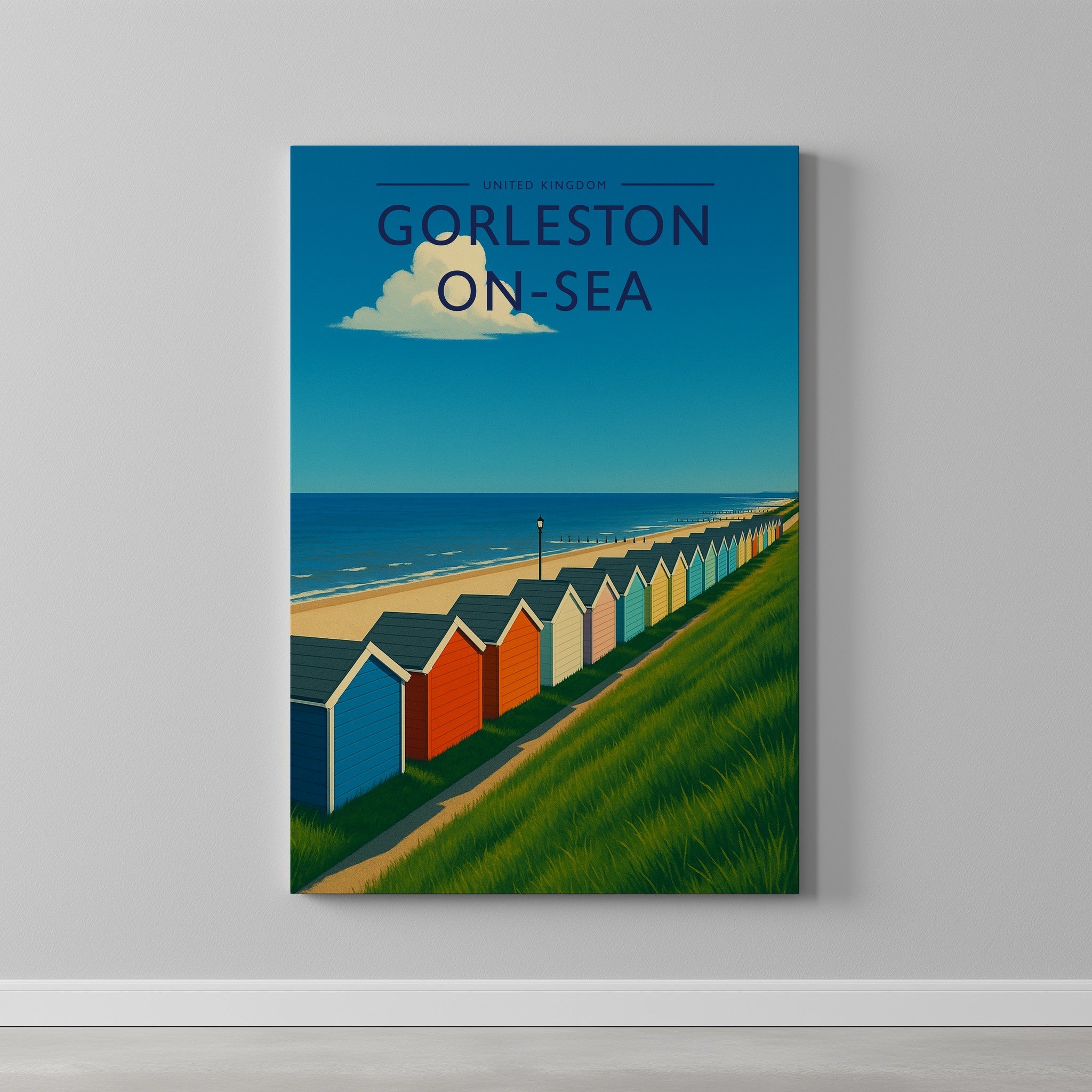 Gorleston-on-Sea Travel Poster as a gallery-wrapped canvas on a plain wall