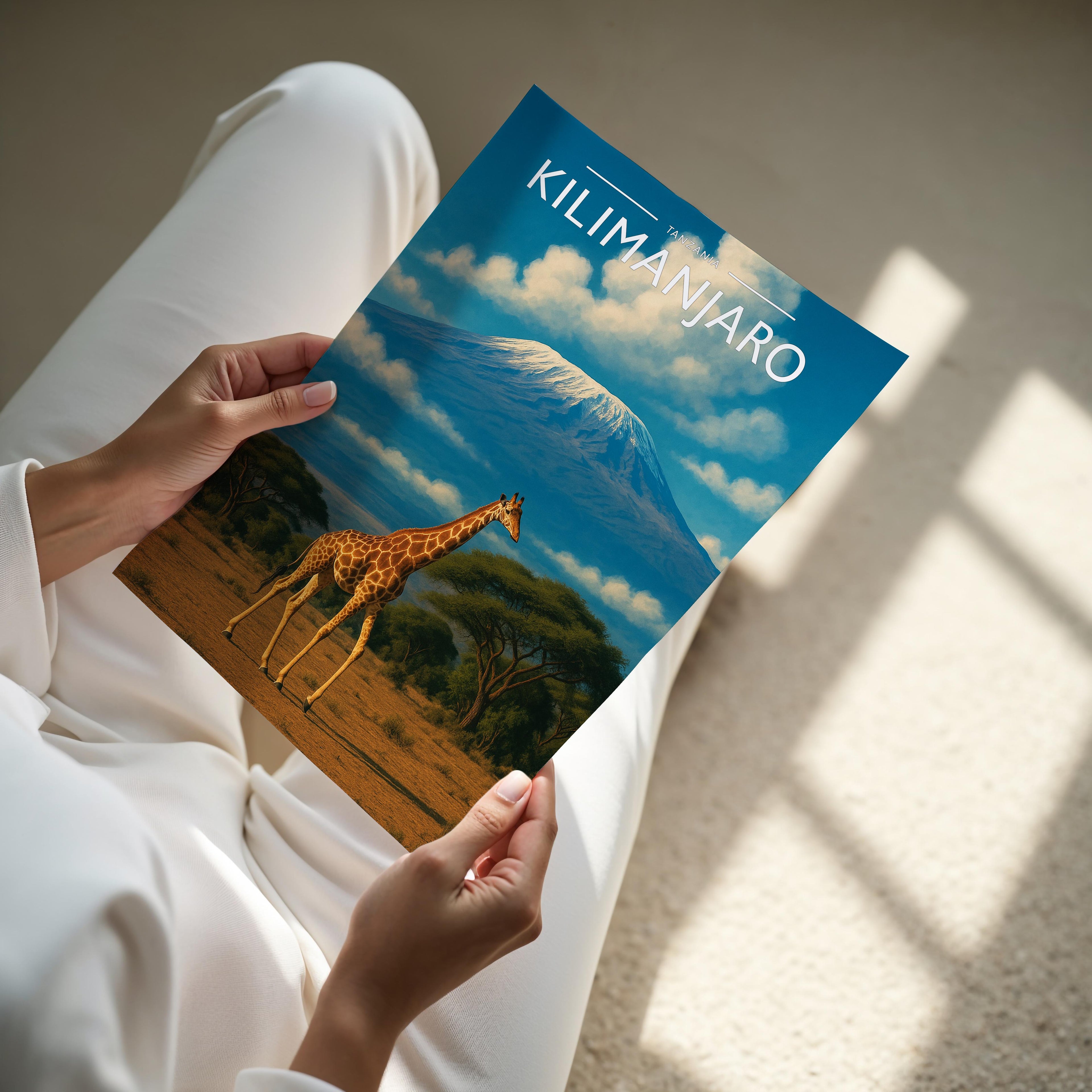 Kilimanjaro Travel Poster - A4 print held in hand