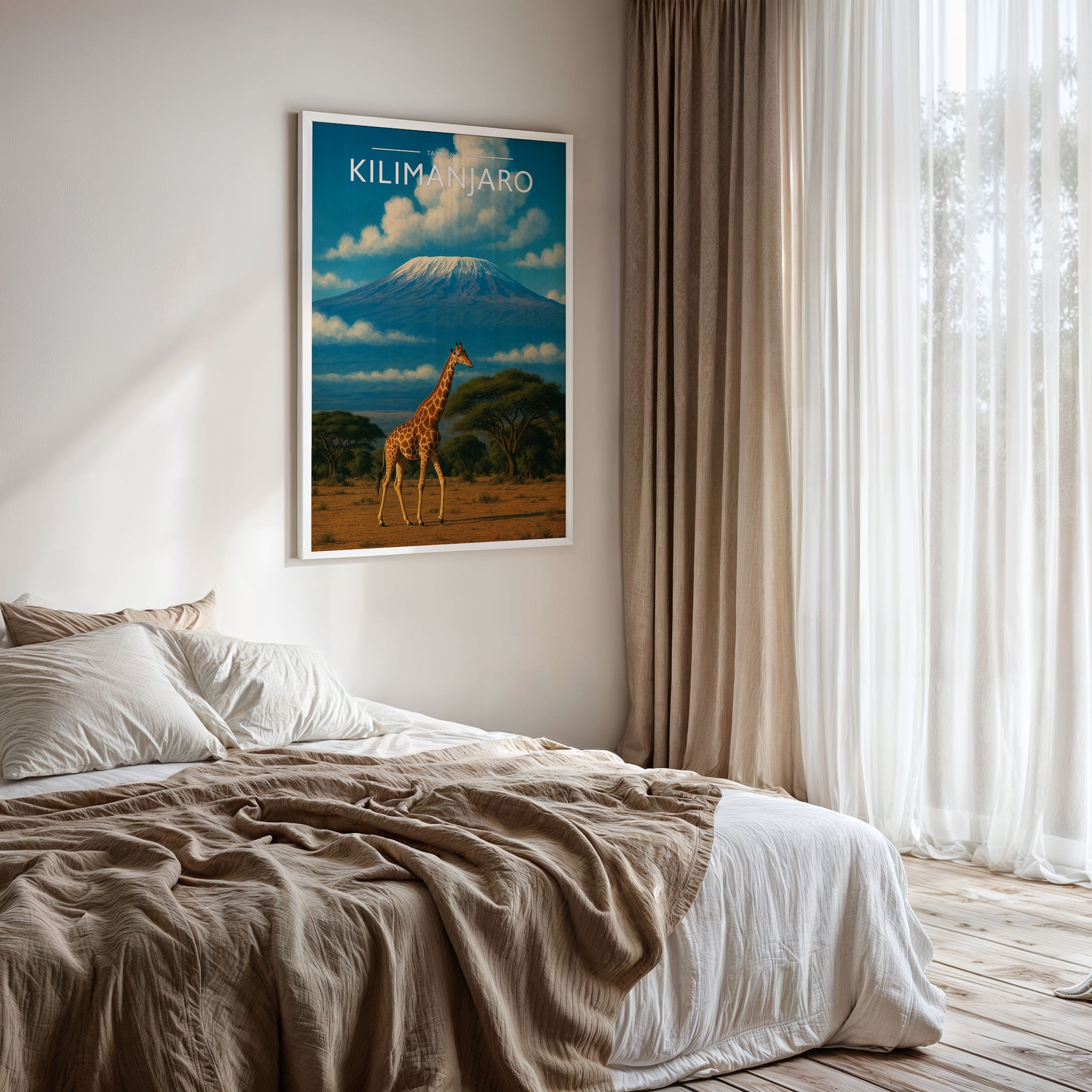 Kilimanjaro Travel Poster framed on a bedroom wall