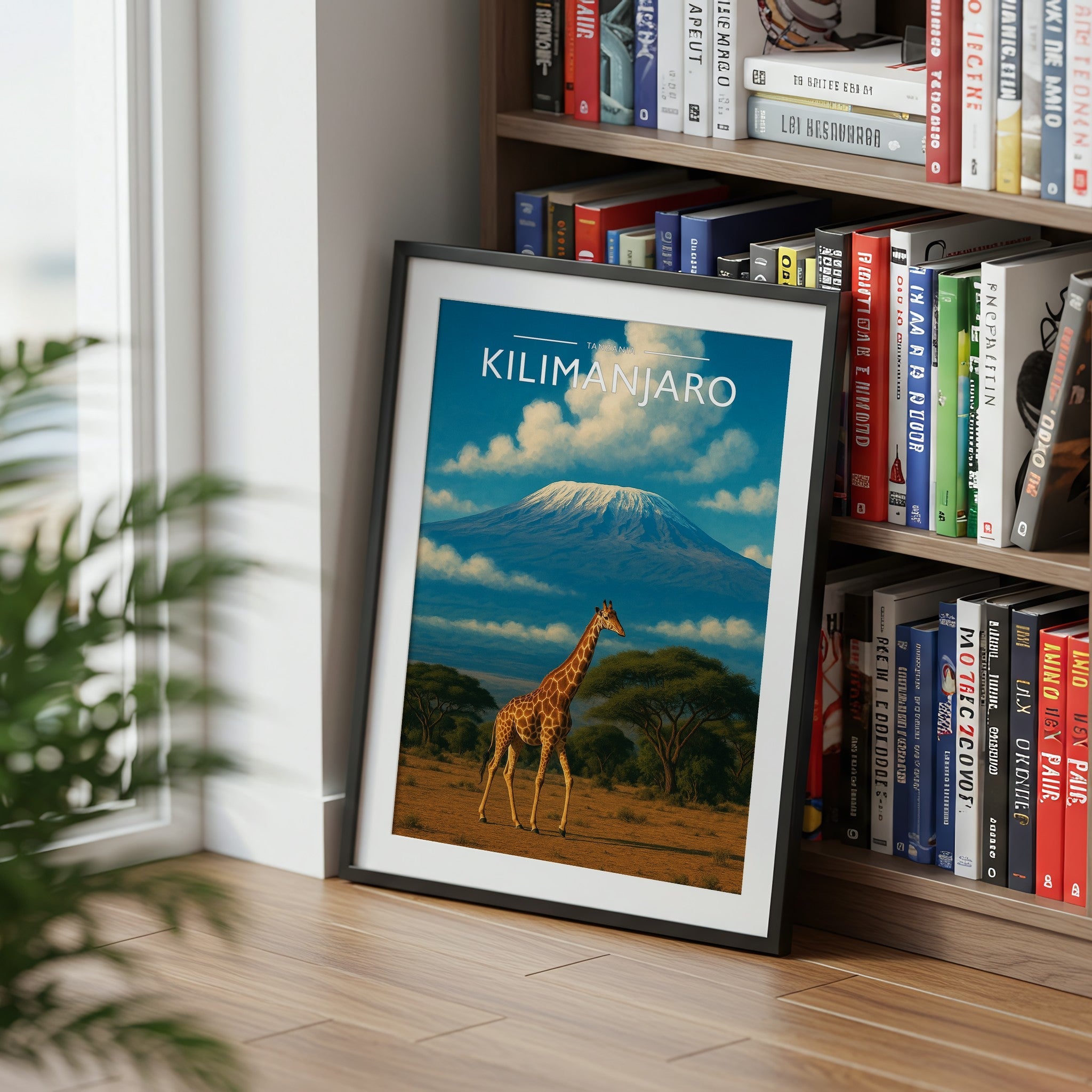Kilimanjaro Travel Poster mounted in a black frame