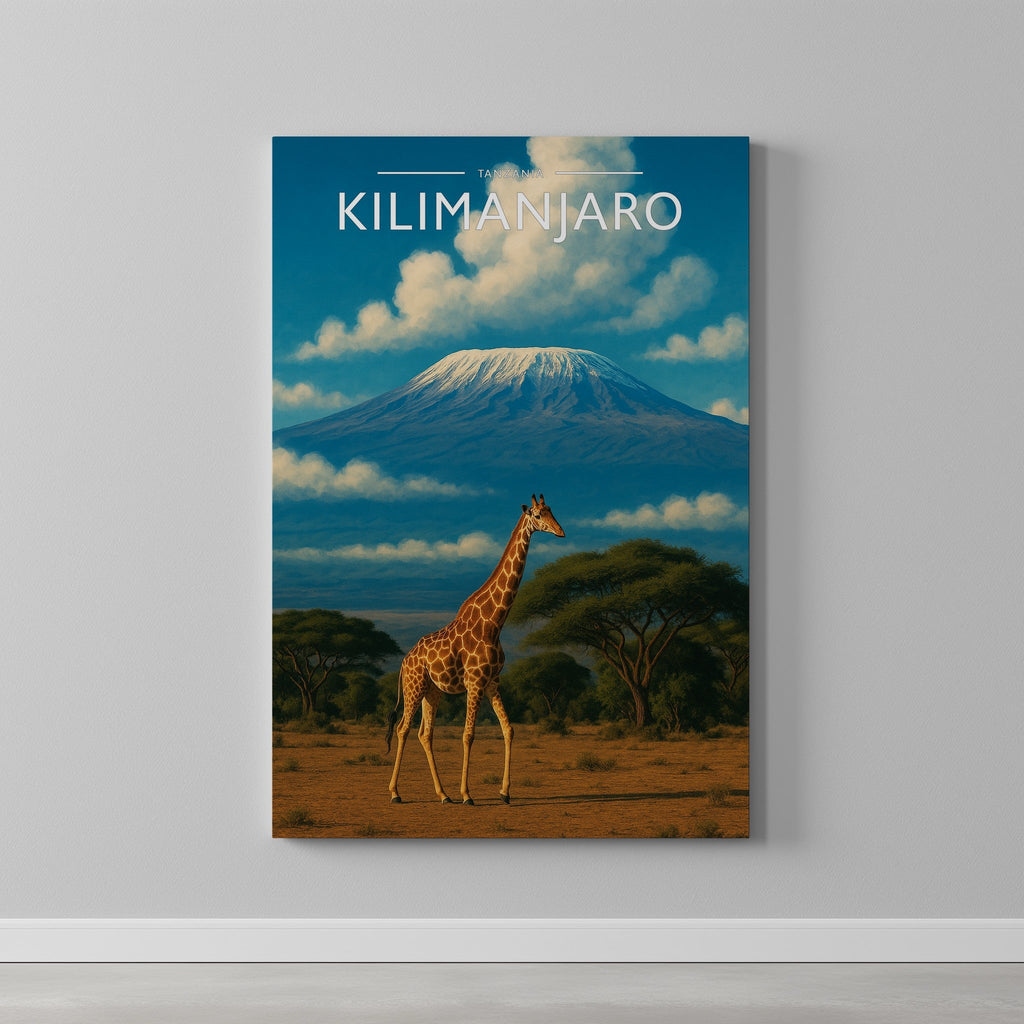 Kilimanjaro Travel Poster as a gallery-wrapped canvas on a plain wall