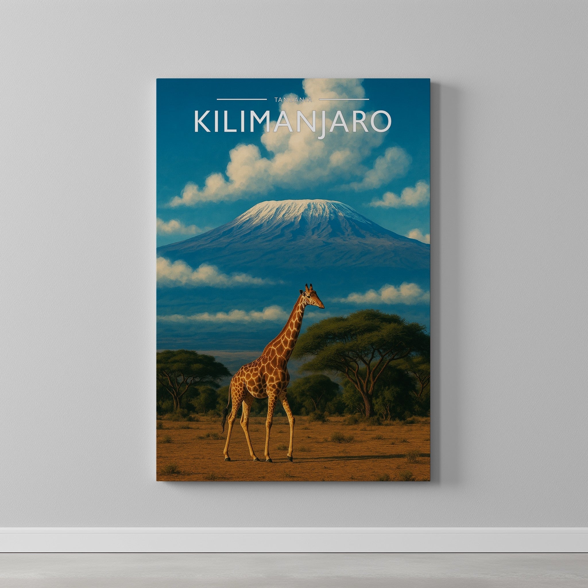 Kilimanjaro Travel Poster as a gallery-wrapped canvas on a plain wall