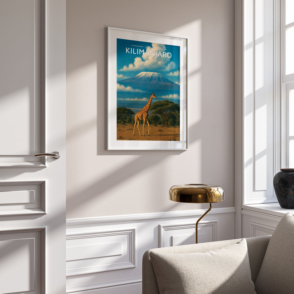 Kilimanjaro Travel Poster in a white frame on a panelled wall