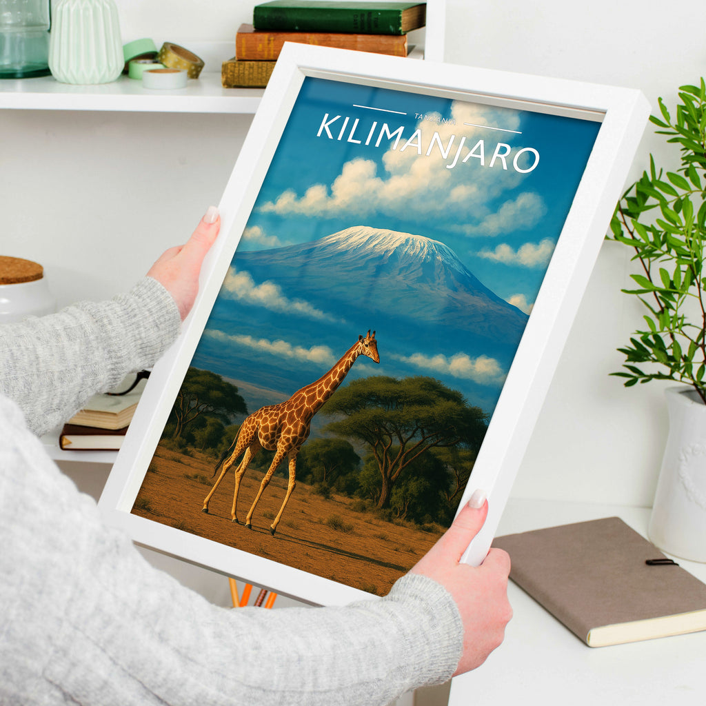 Kilimanjaro Travel Poster in a white frame, held to show scale