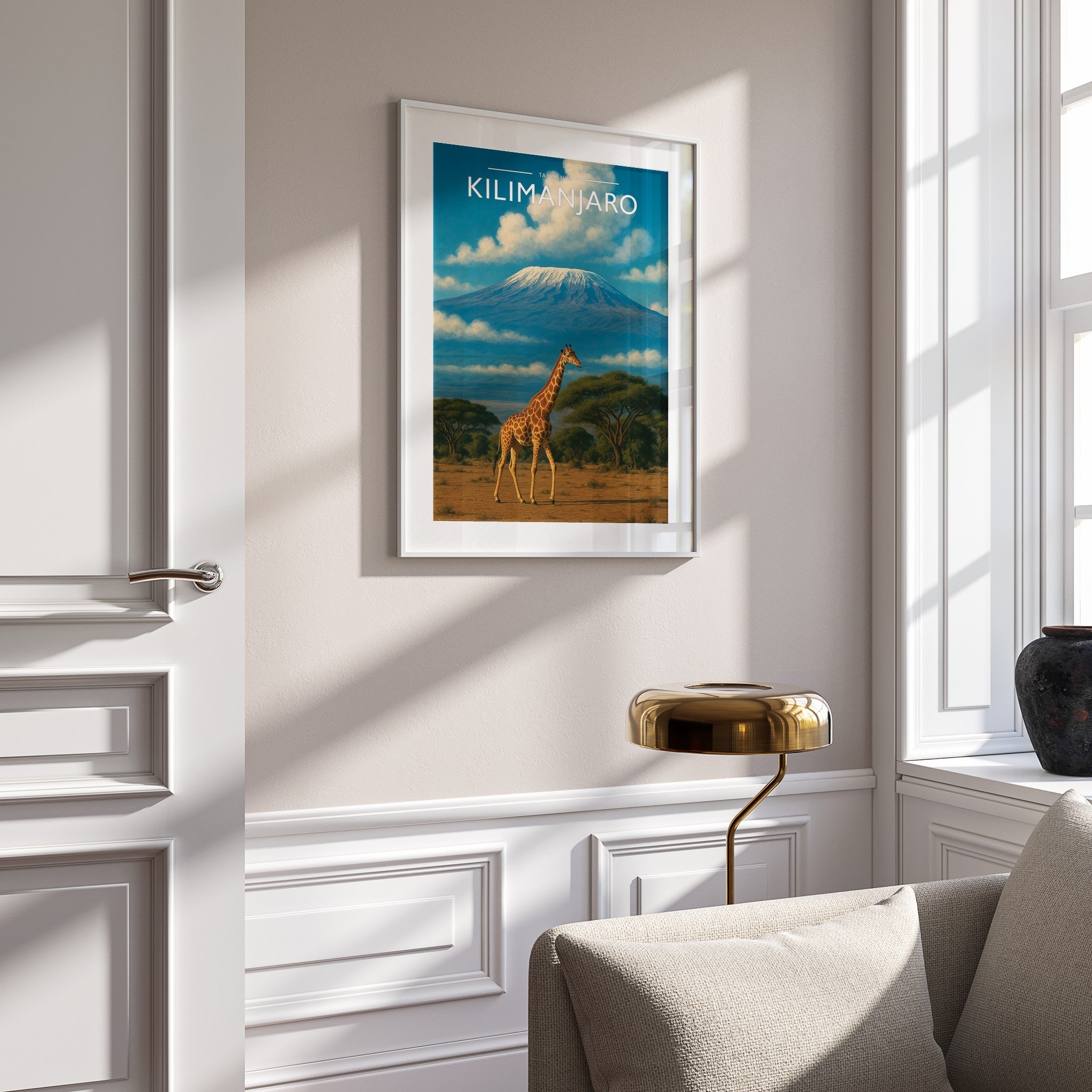 Kilimanjaro Travel Poster mounted in a white frame