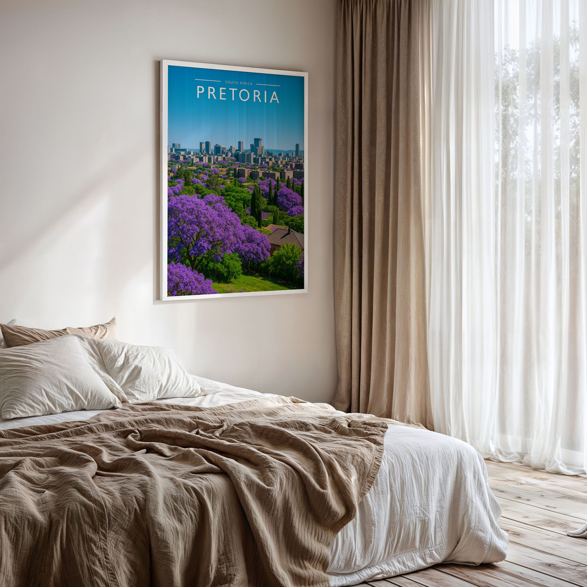 Pretoria Travel Poster framed on a bedroom wall