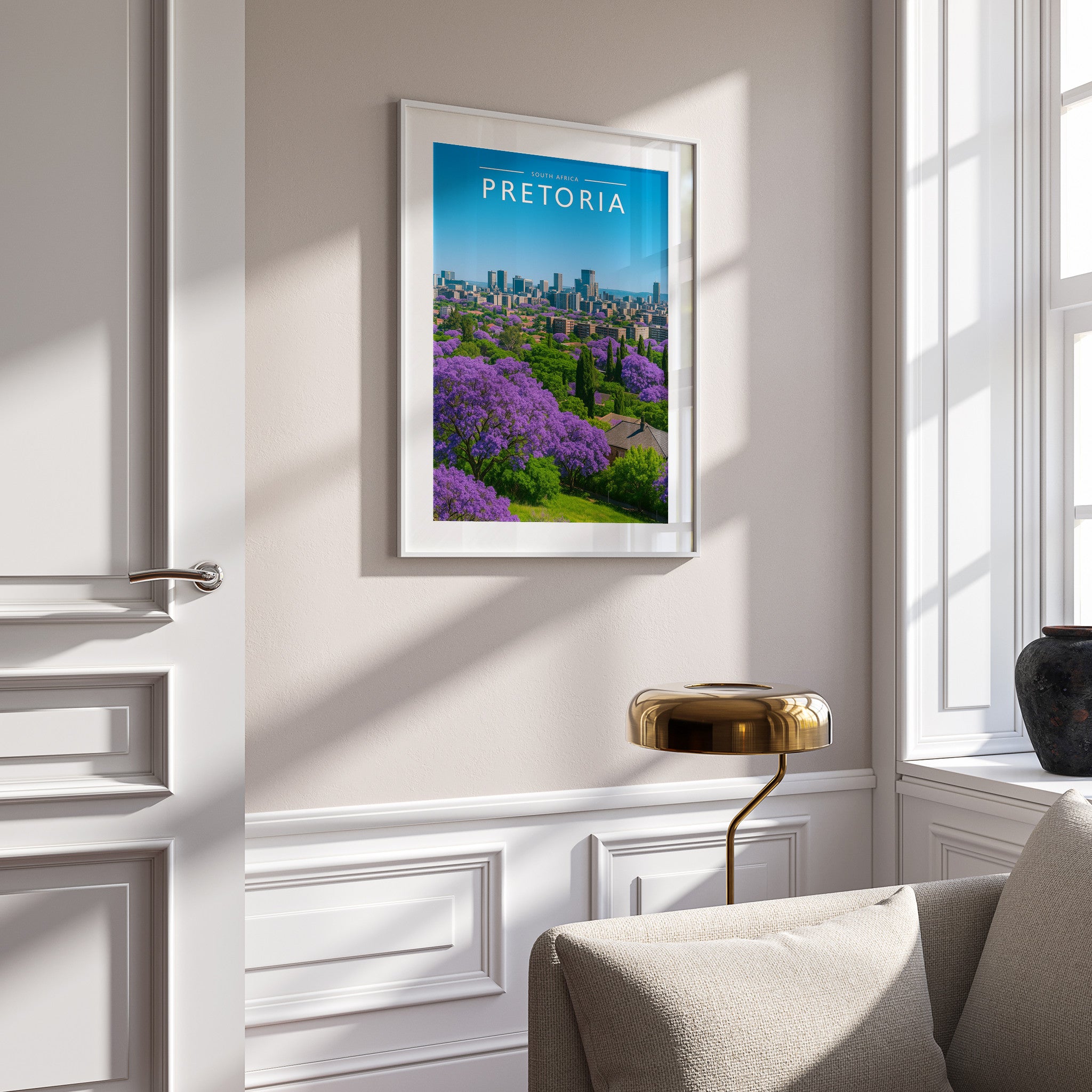 Pretoria Travel Poster in a white frame on a panelled wall