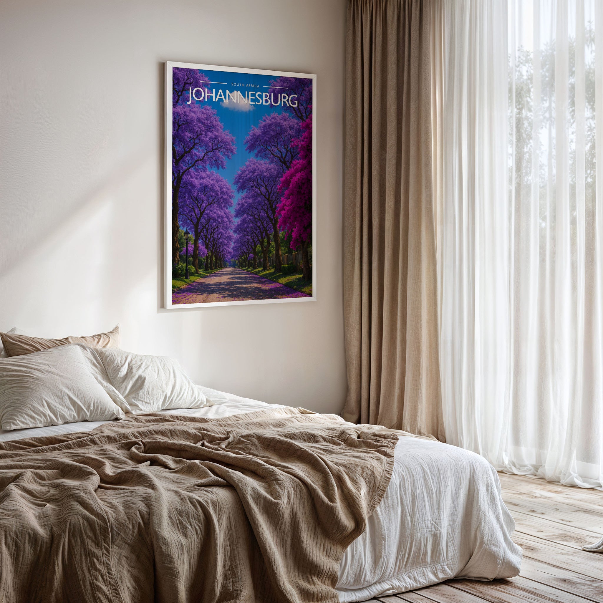 Johannesburg Travel Poster framed on a bedroom wall