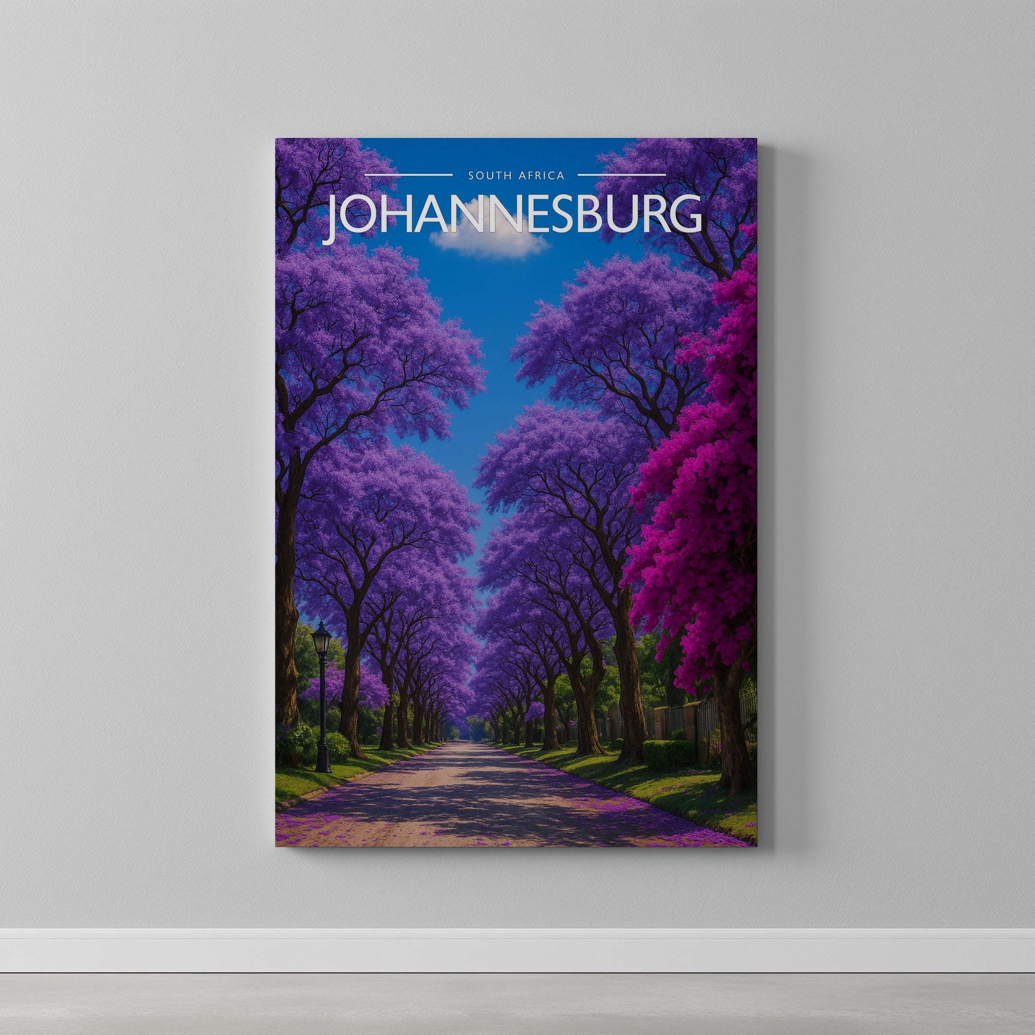 Johannesburg Travel Poster as a gallery-wrapped canvas on a plain wall