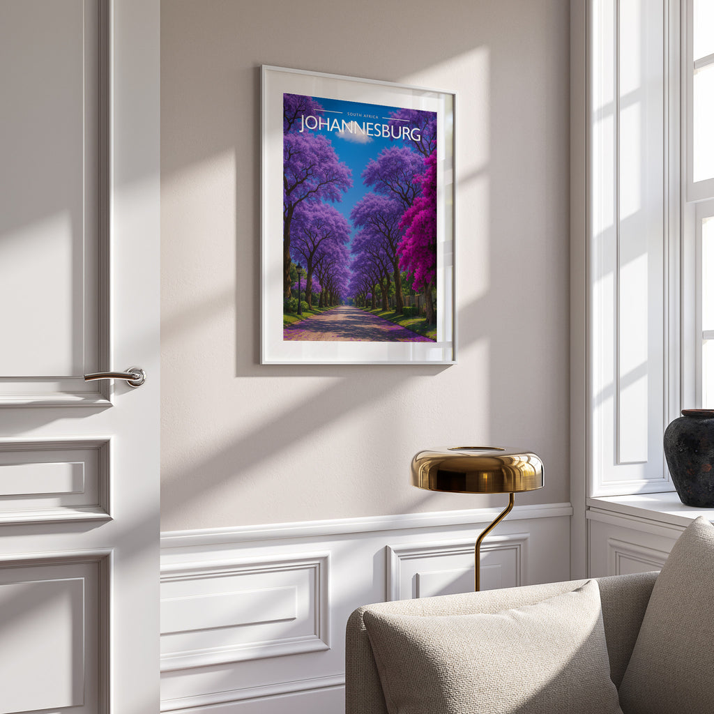 Johannesburg Travel Poster in a white frame on a panelled wall