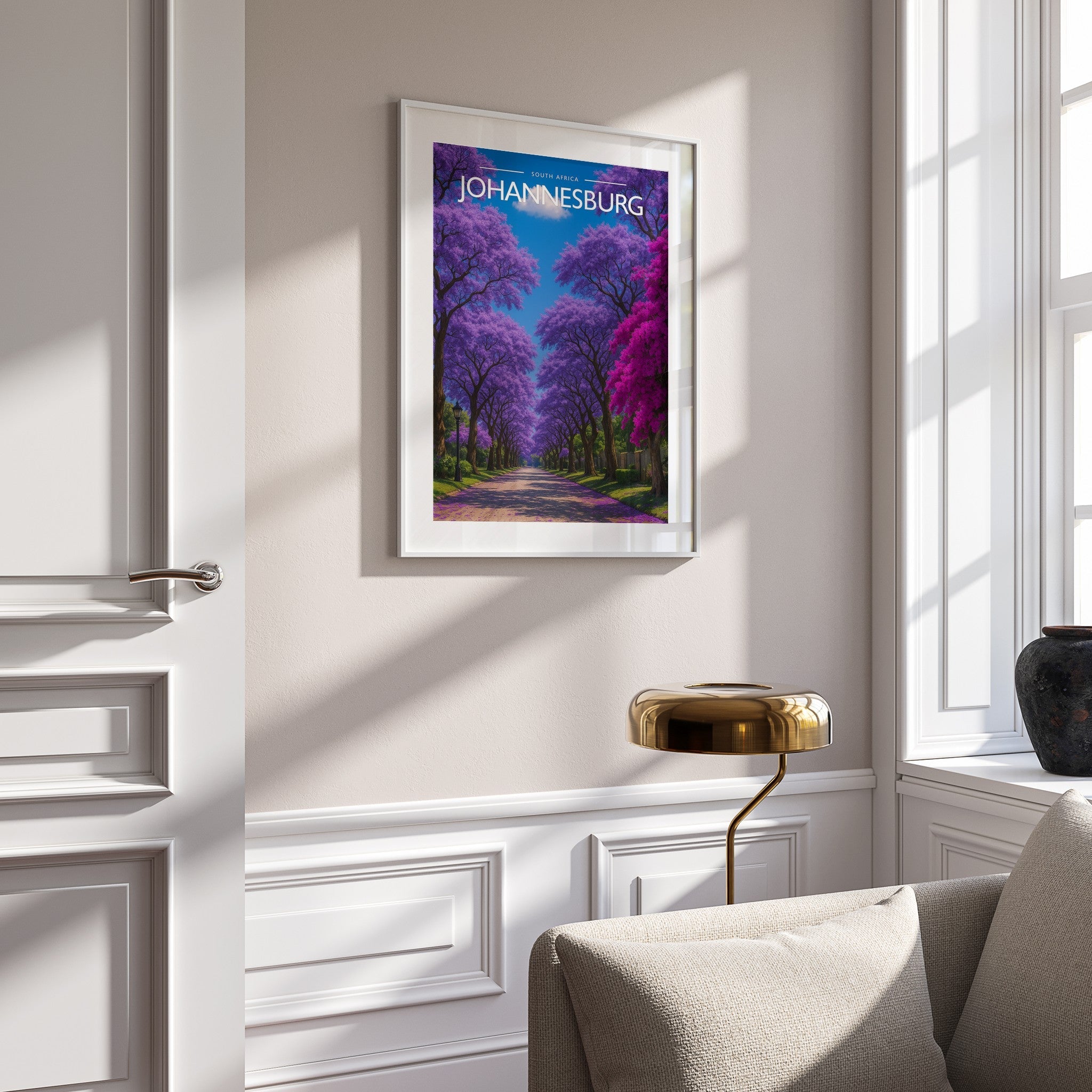 Johannesburg Travel Poster mounted in a white frame