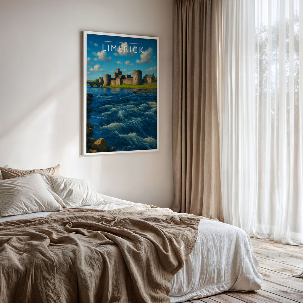 Limerick Travel Poster framed on a bedroom wall