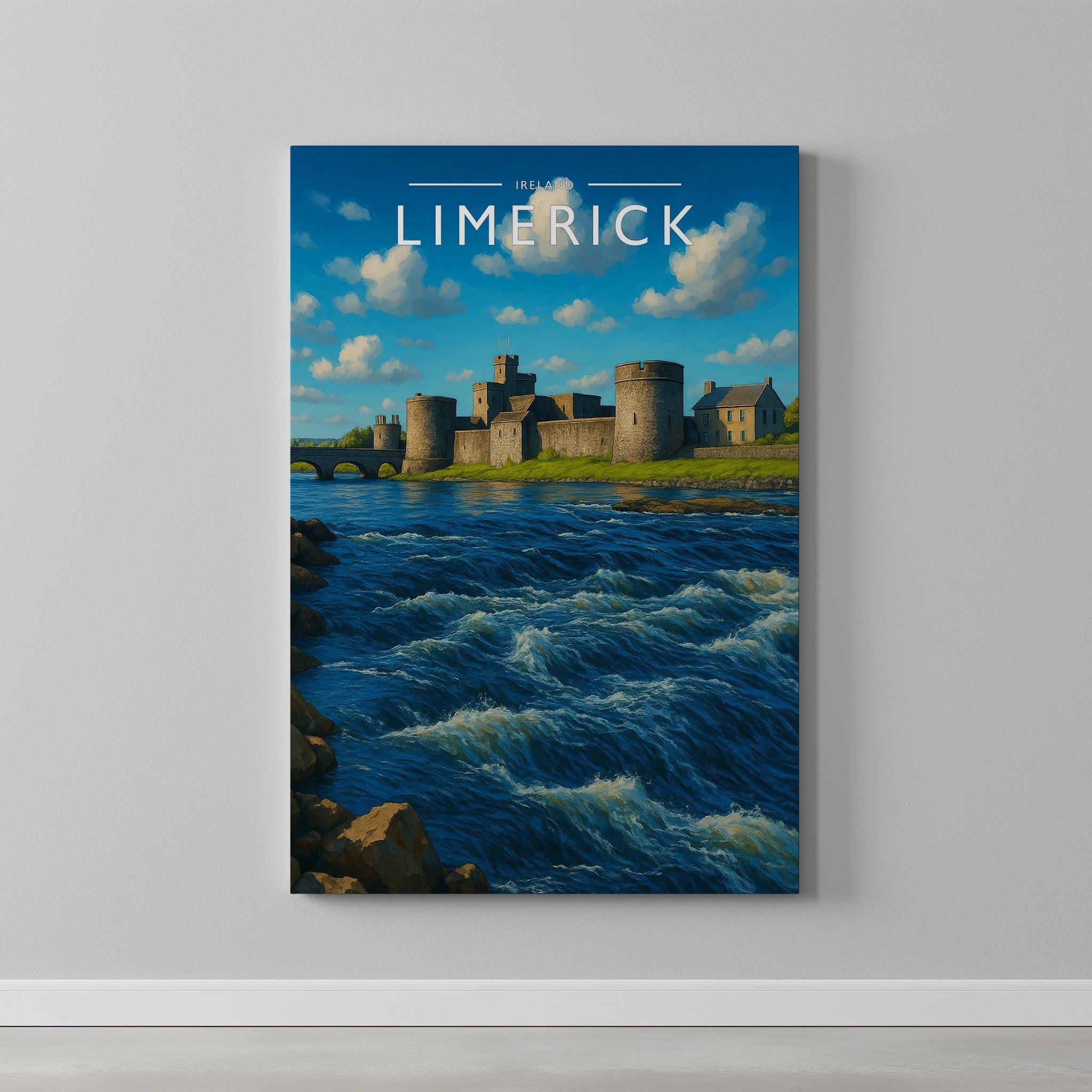 Limerick Travel Poster as a gallery-wrapped canvas on a plain wall