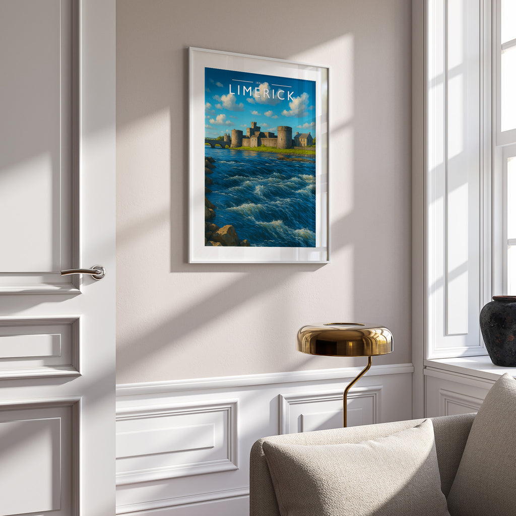 Limerick Travel Poster in a white frame on a panelled wall