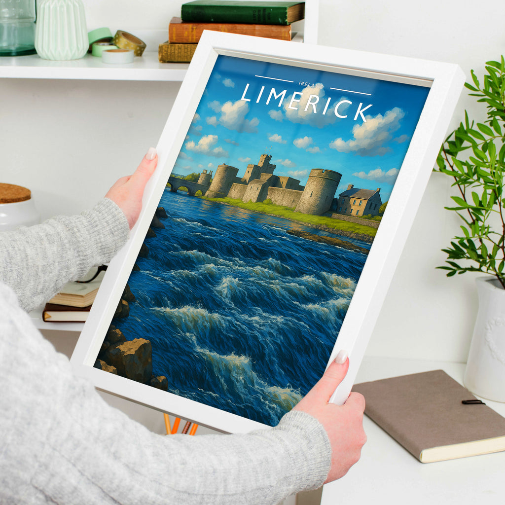 Limerick Travel Poster in a white frame, held to show scale