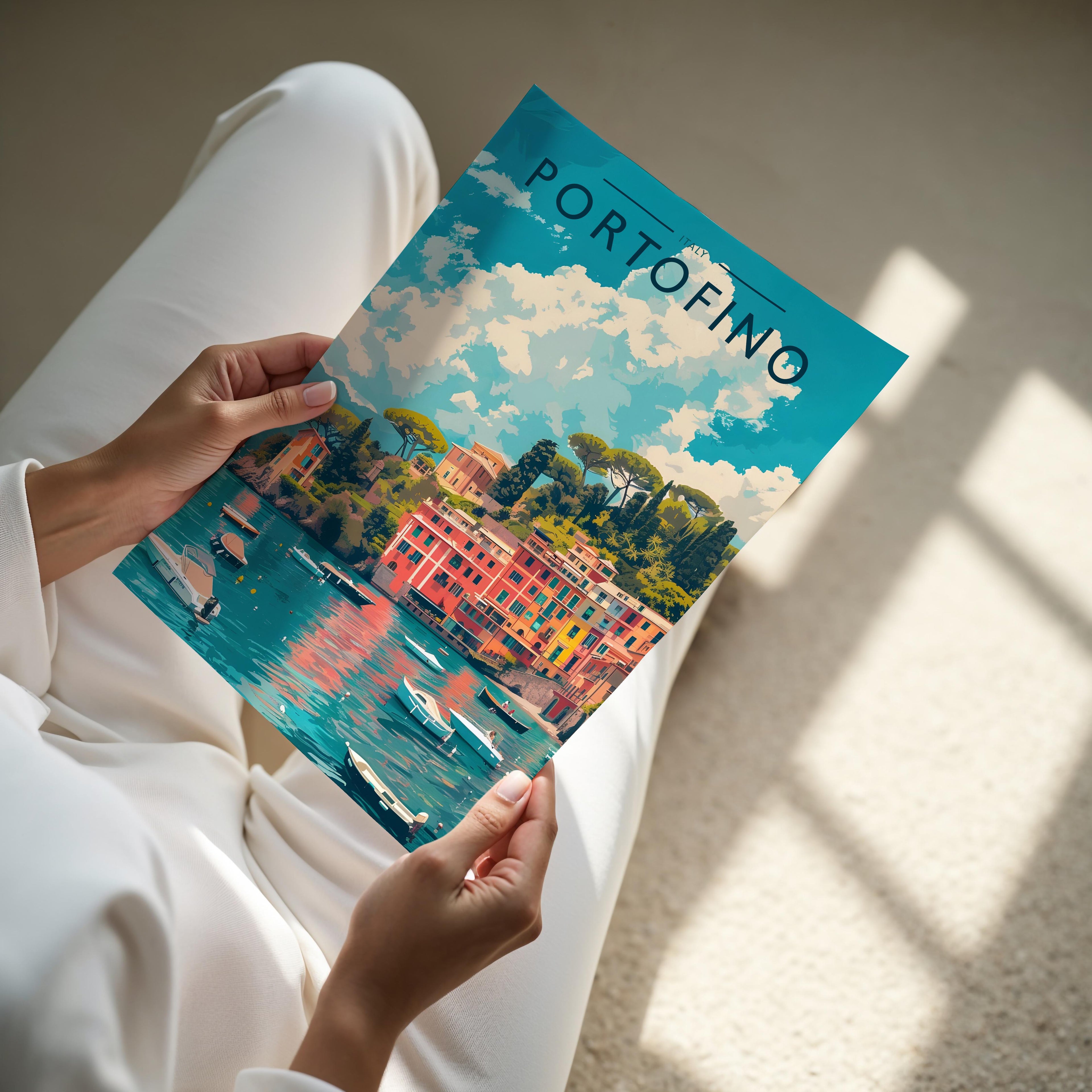 Portofino Travel Poster - A4 print held in hand