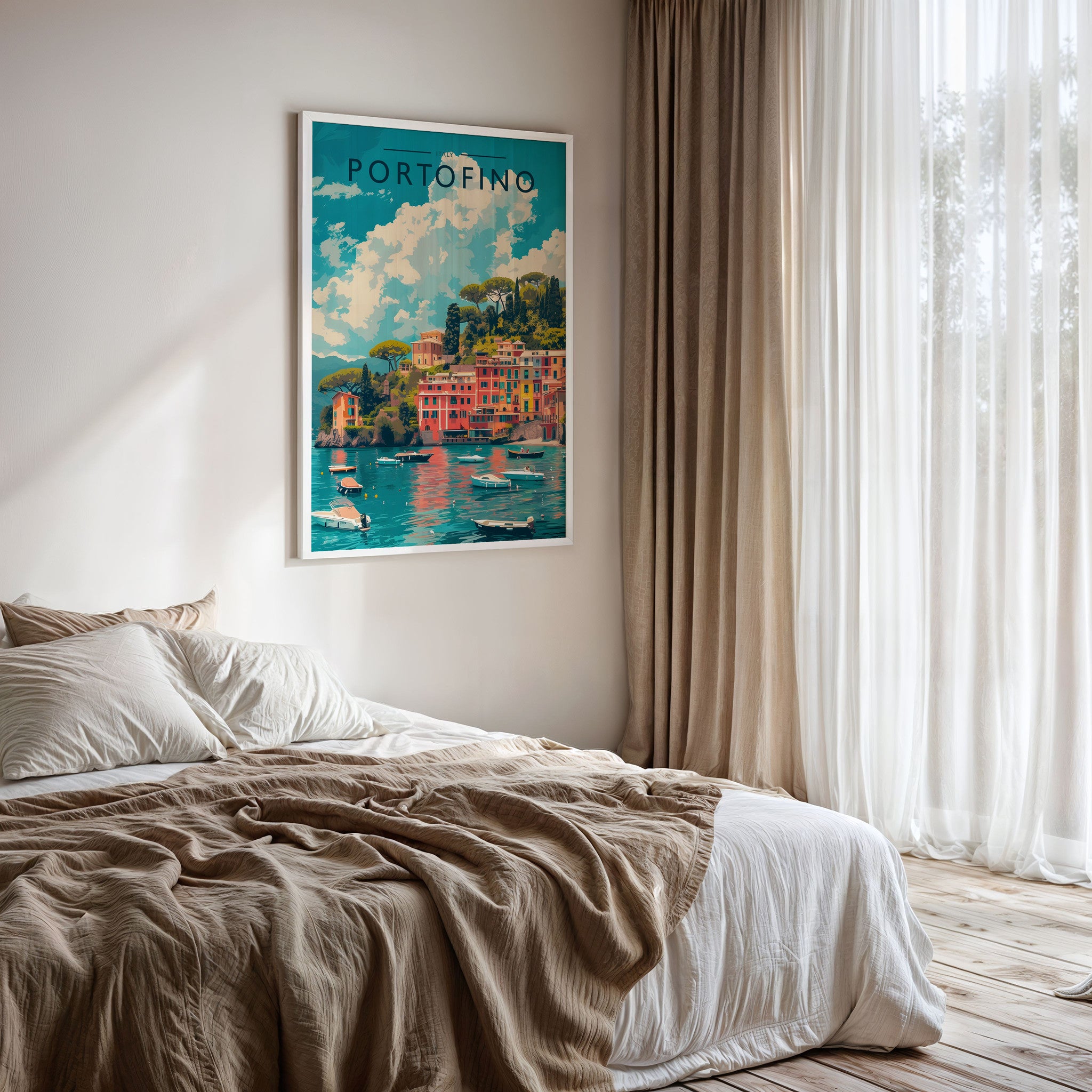 Portofino Travel Poster framed on a bedroom wall