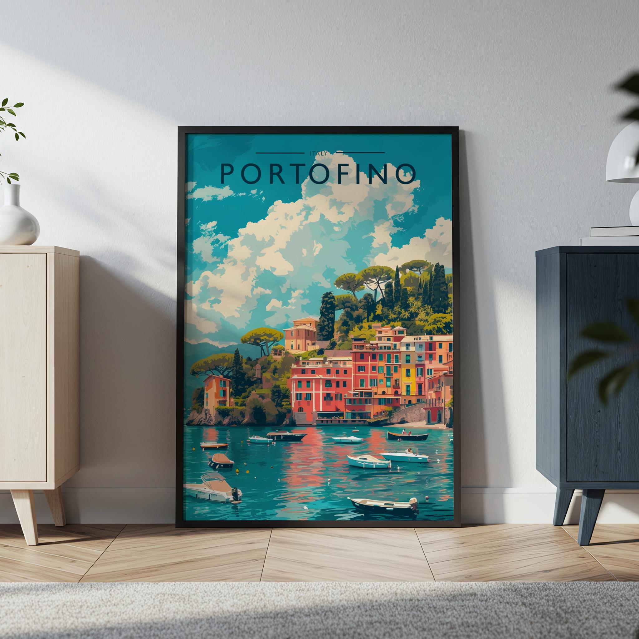 Portofino Travel Poster in a black frame