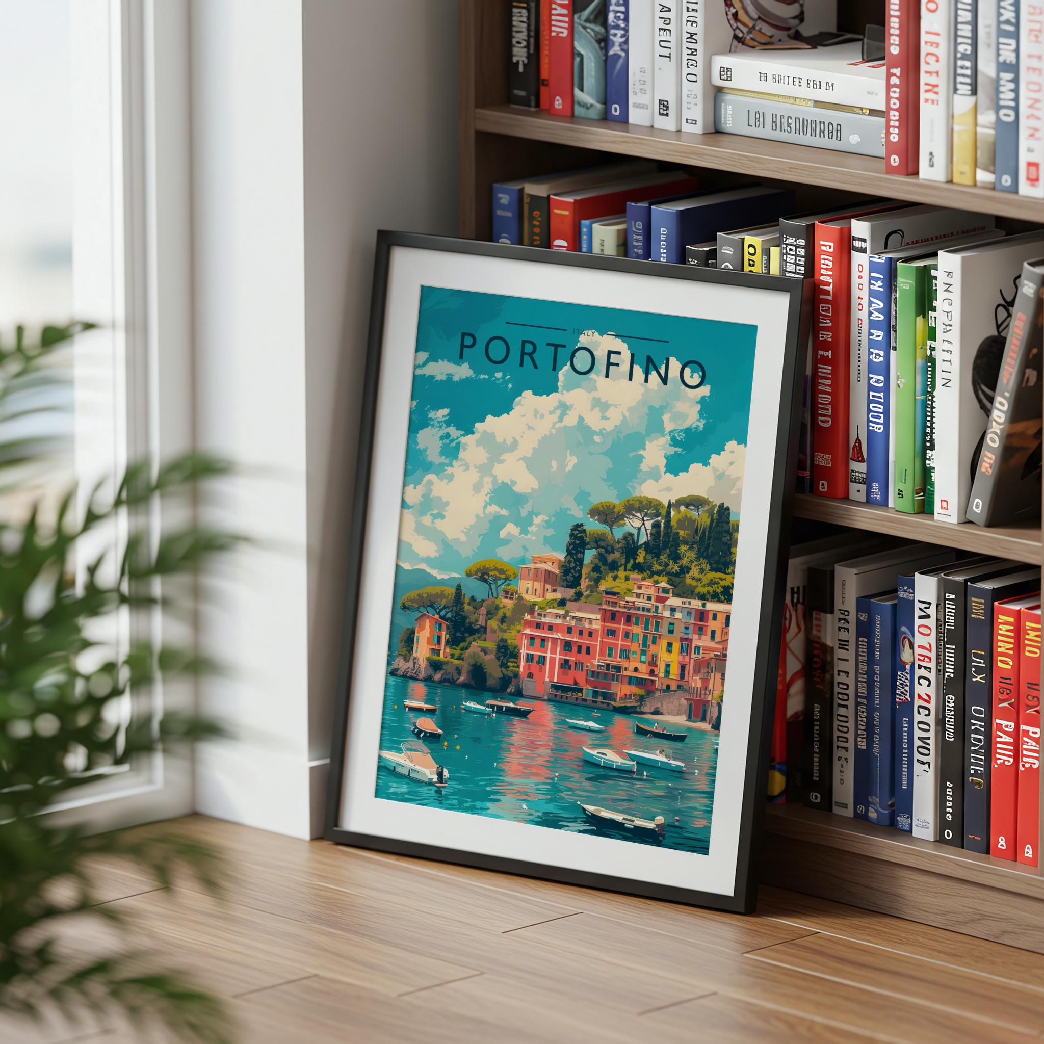 Portofino Travel Poster mounted in a black frame