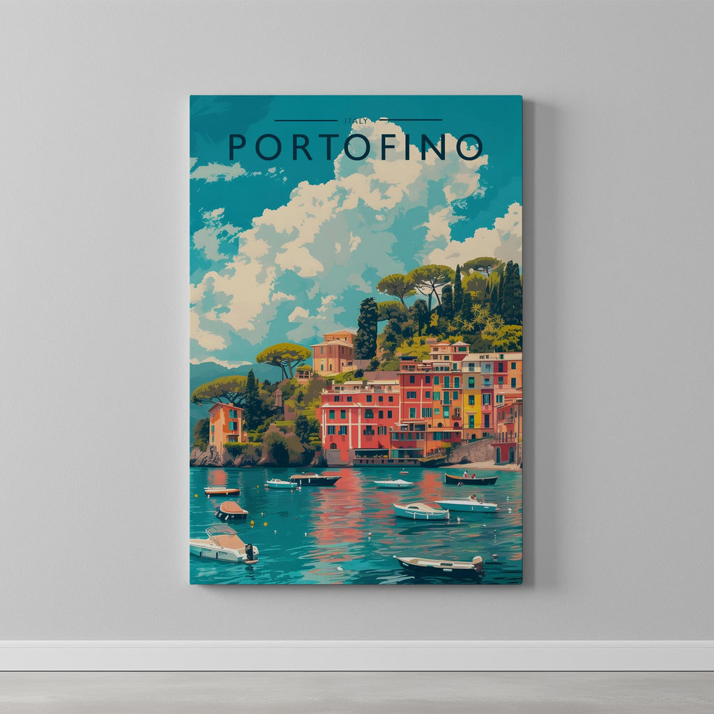 Portofino Travel Poster as a gallery-wrapped canvas on a plain wall