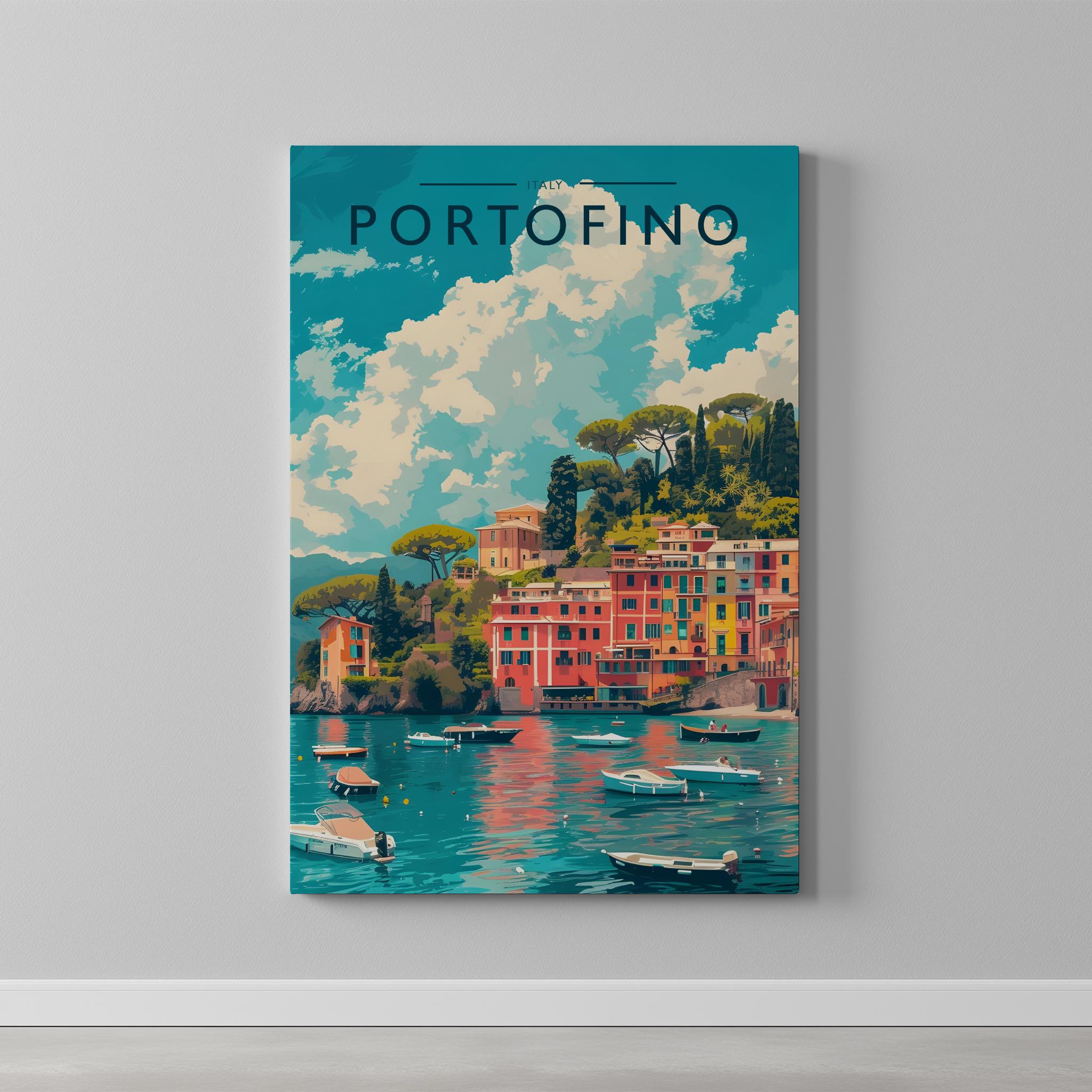 Portofino Travel Poster as a gallery-wrapped canvas on a plain wall