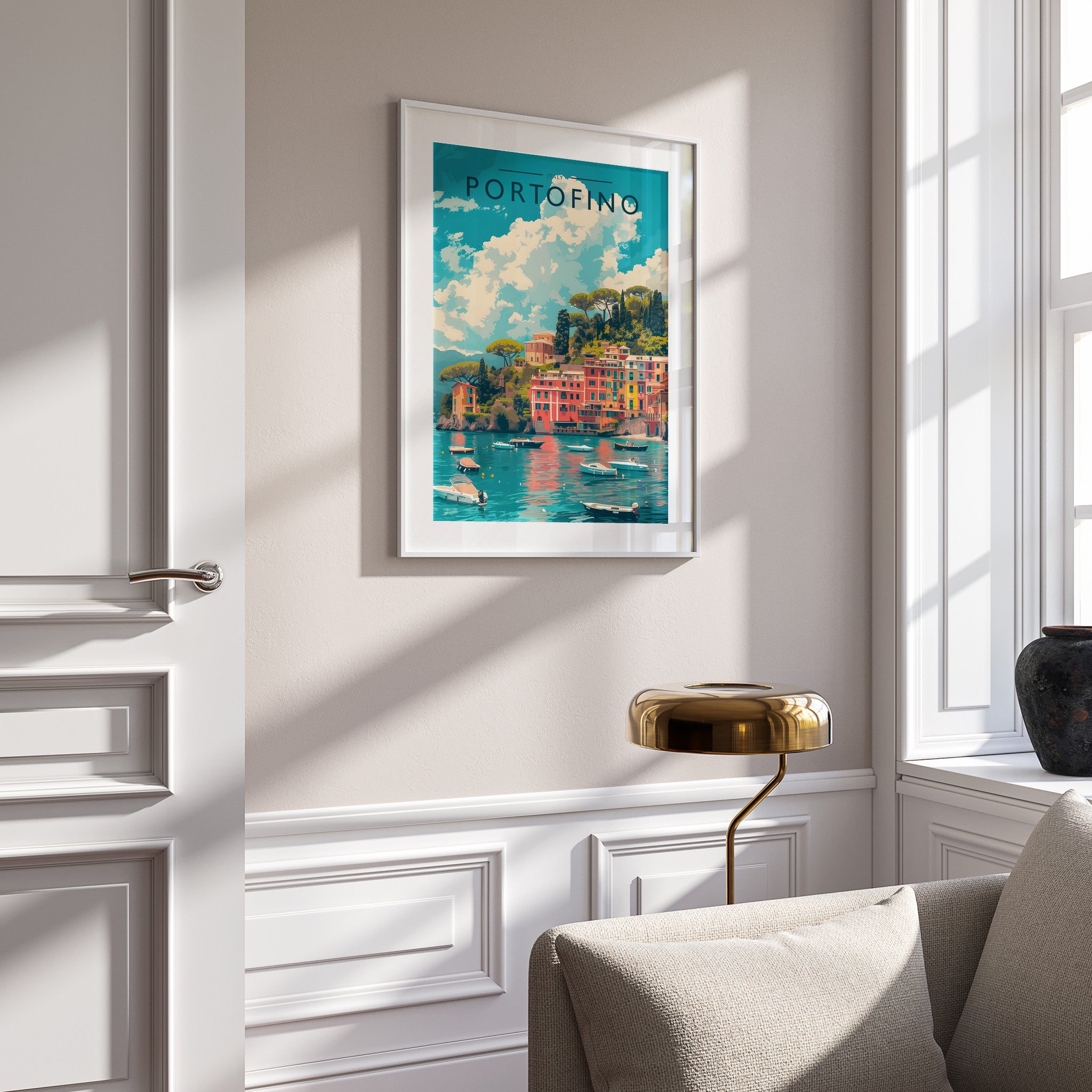 Portofino Travel Poster in a white frame on a panelled wall