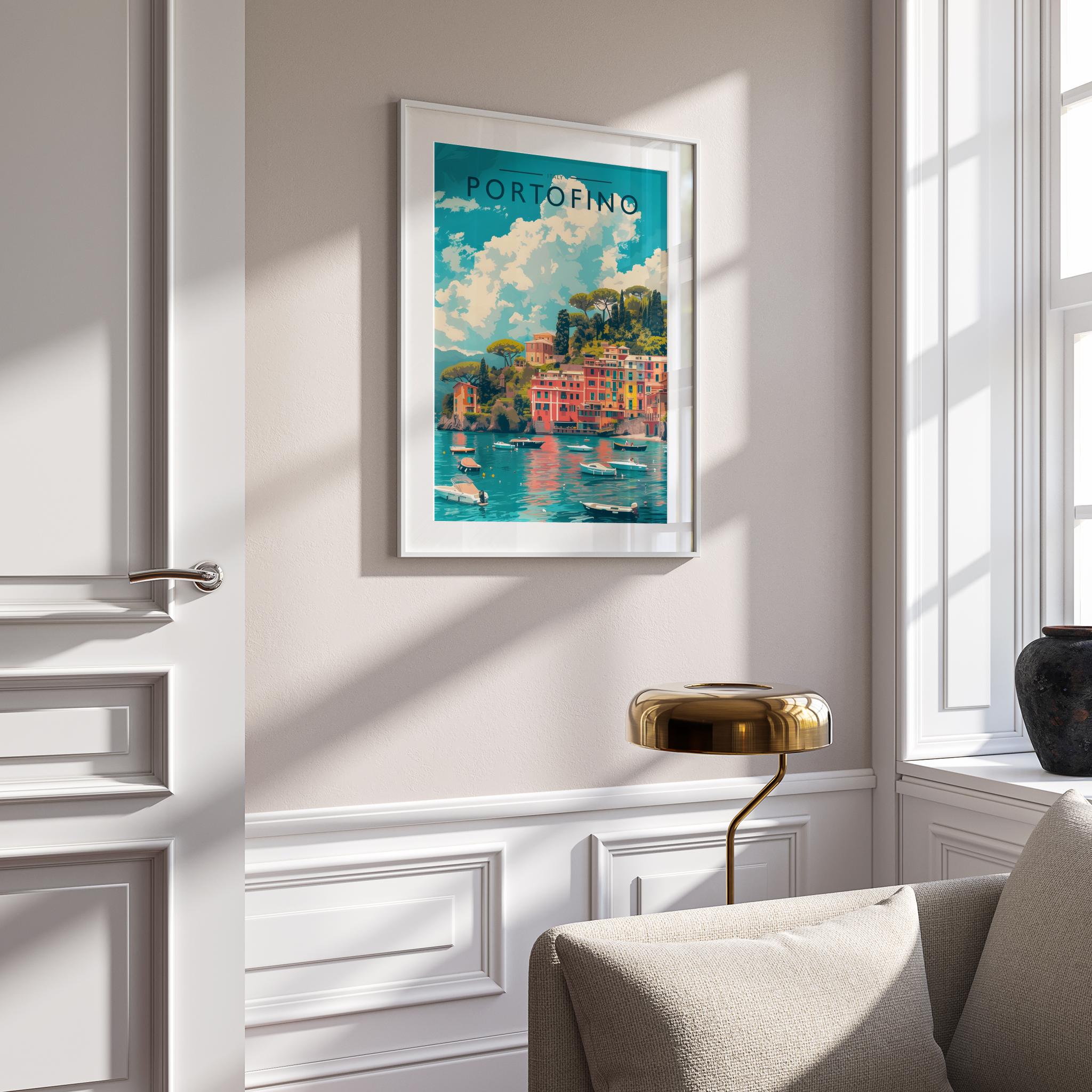 Portofino Travel Poster mounted in a white frame