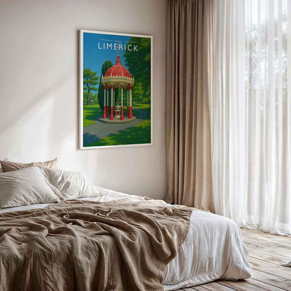 Limerick #2 Travel Poster framed on a bedroom wall