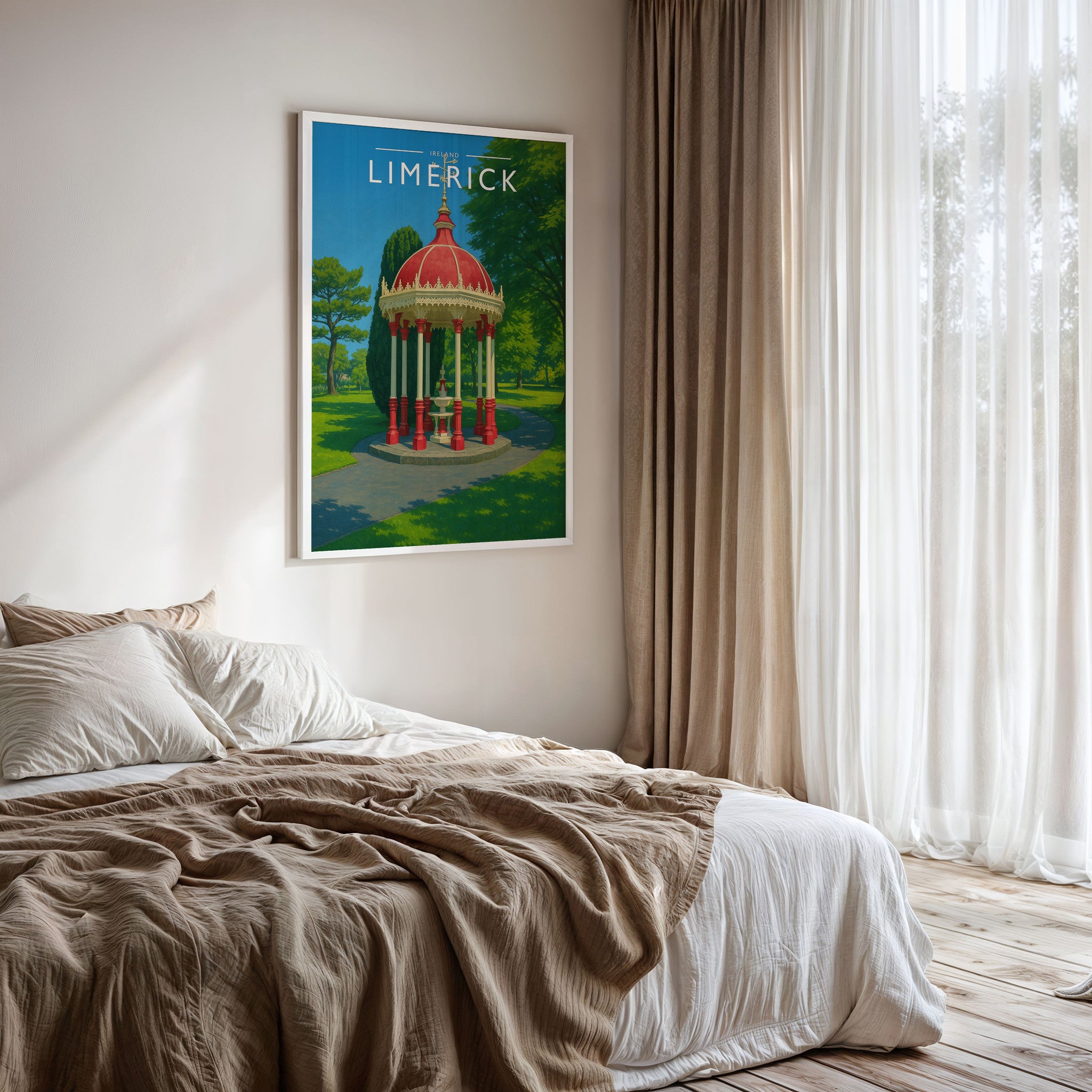 Limerick #2 Travel Poster framed on a bedroom wall