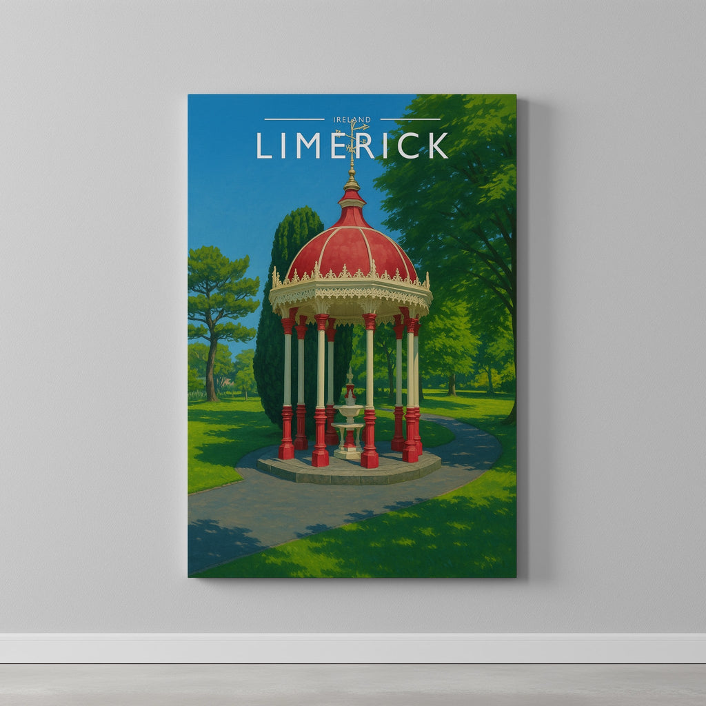 Limerick #2 Travel Poster as a gallery-wrapped canvas on a plain wall