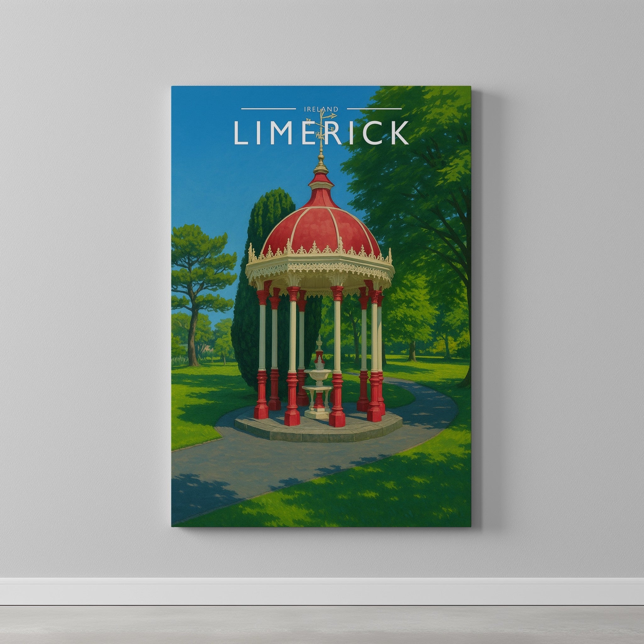 Limerick #2 Travel Poster as a gallery-wrapped canvas on a plain wall
