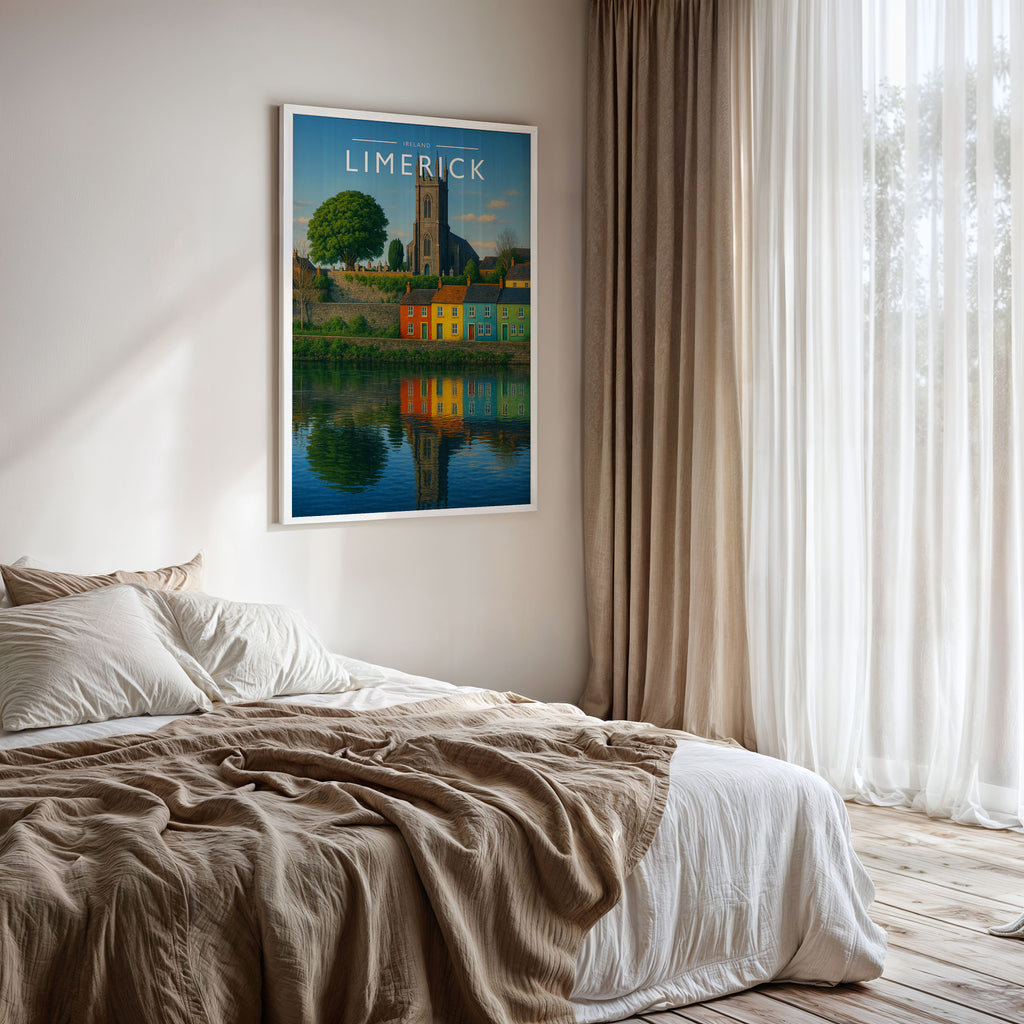 Limerick #3 Travel Poster framed on a bedroom wall