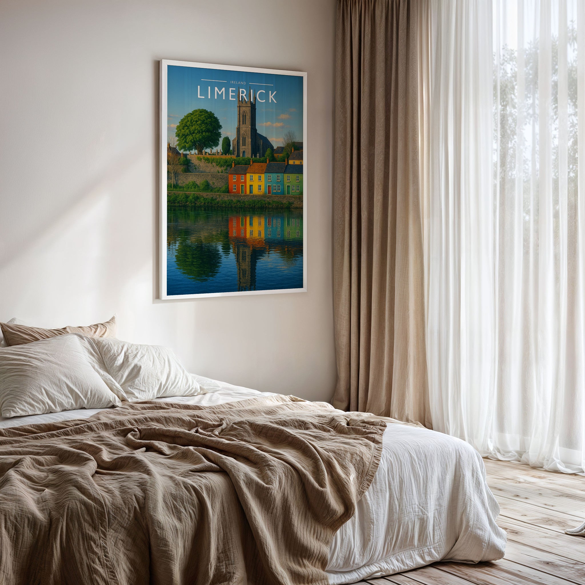 Limerick #3 Travel Poster framed on a bedroom wall