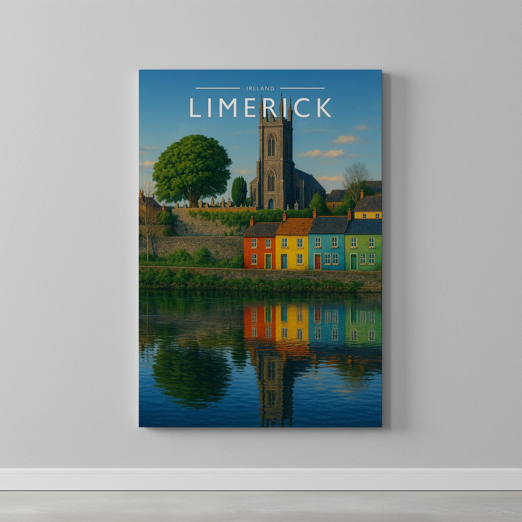 Limerick #3 Travel Poster as a gallery-wrapped canvas on a plain wall